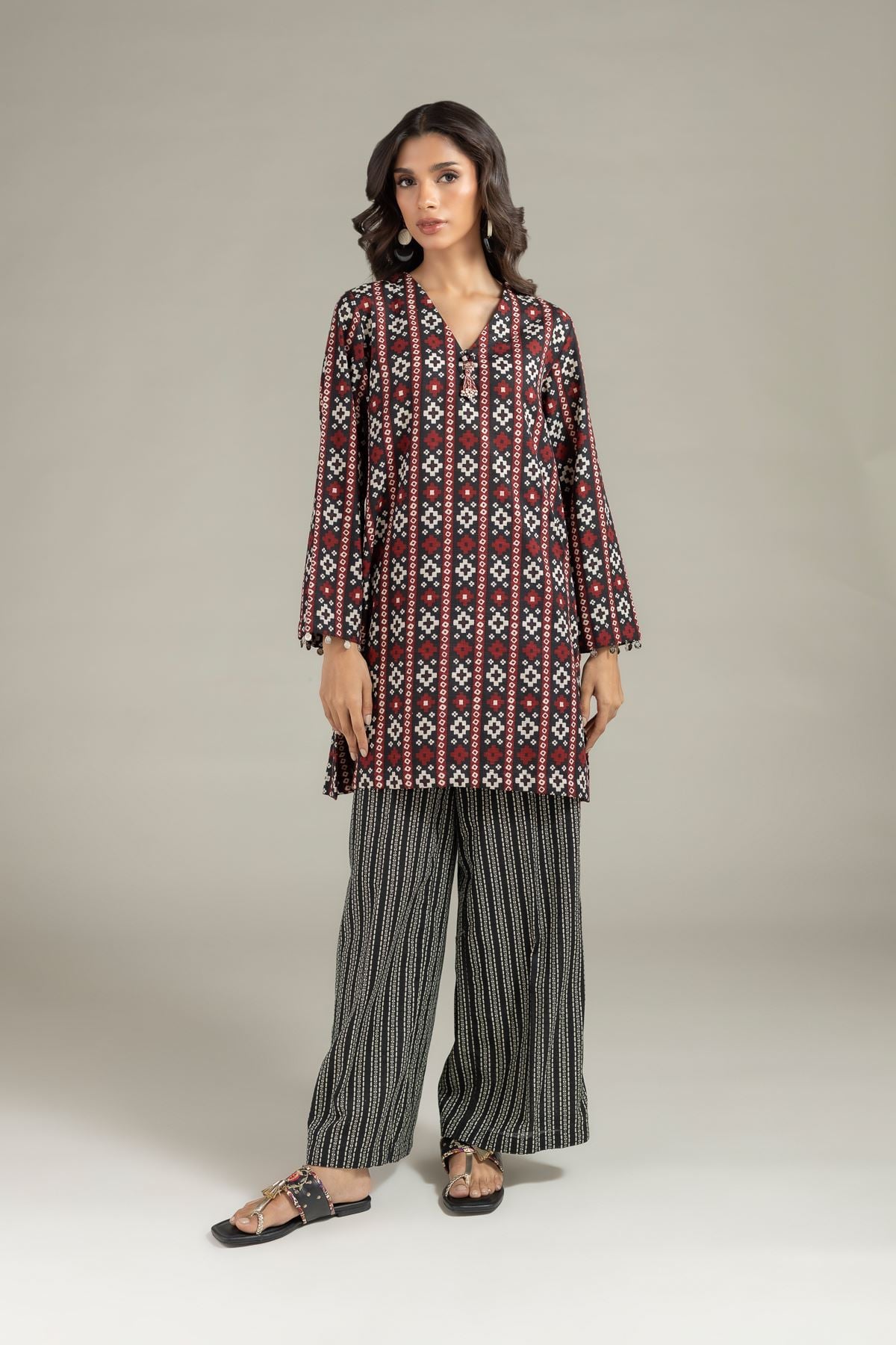Printed Khaddar Geometric Tassel Kurta - 25-08-12E8-11TA-VG