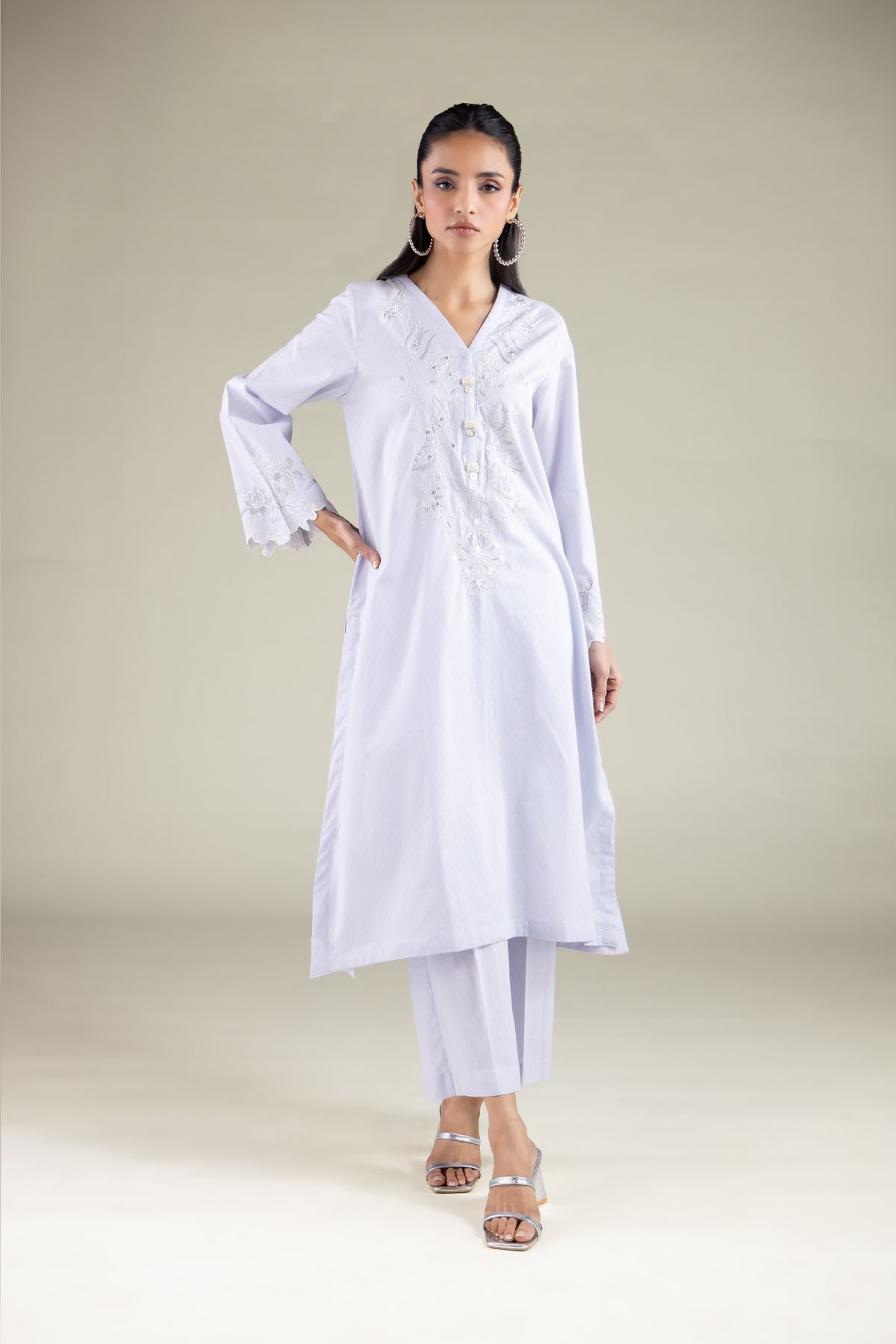 Embroidered Cotton Dobby Floral Longline Kurta - 1-26-115-B-F-VG