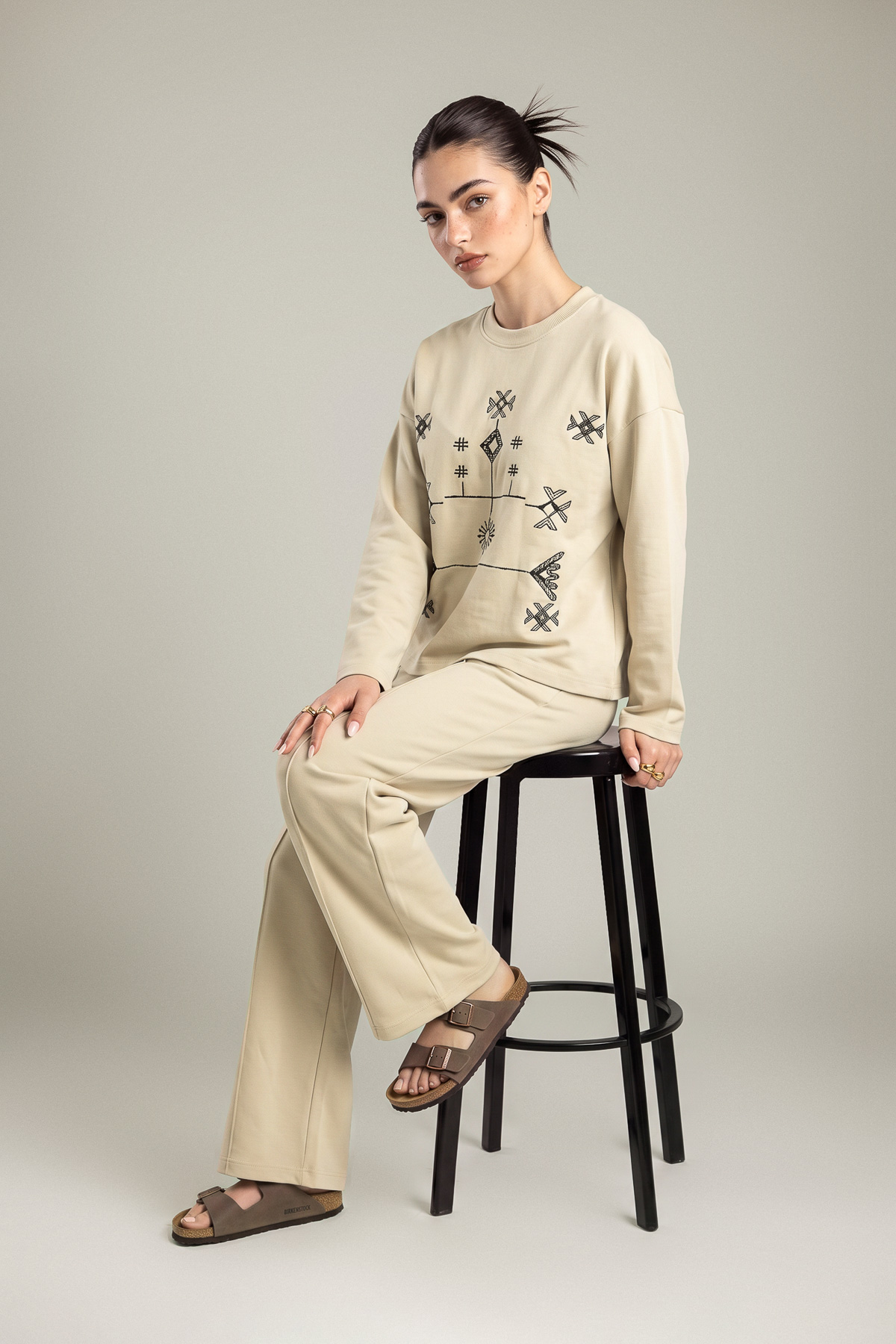 Embroidered Double Jersey Tribal Pullover Sweatshirt - 2-26-202-A-D-VG