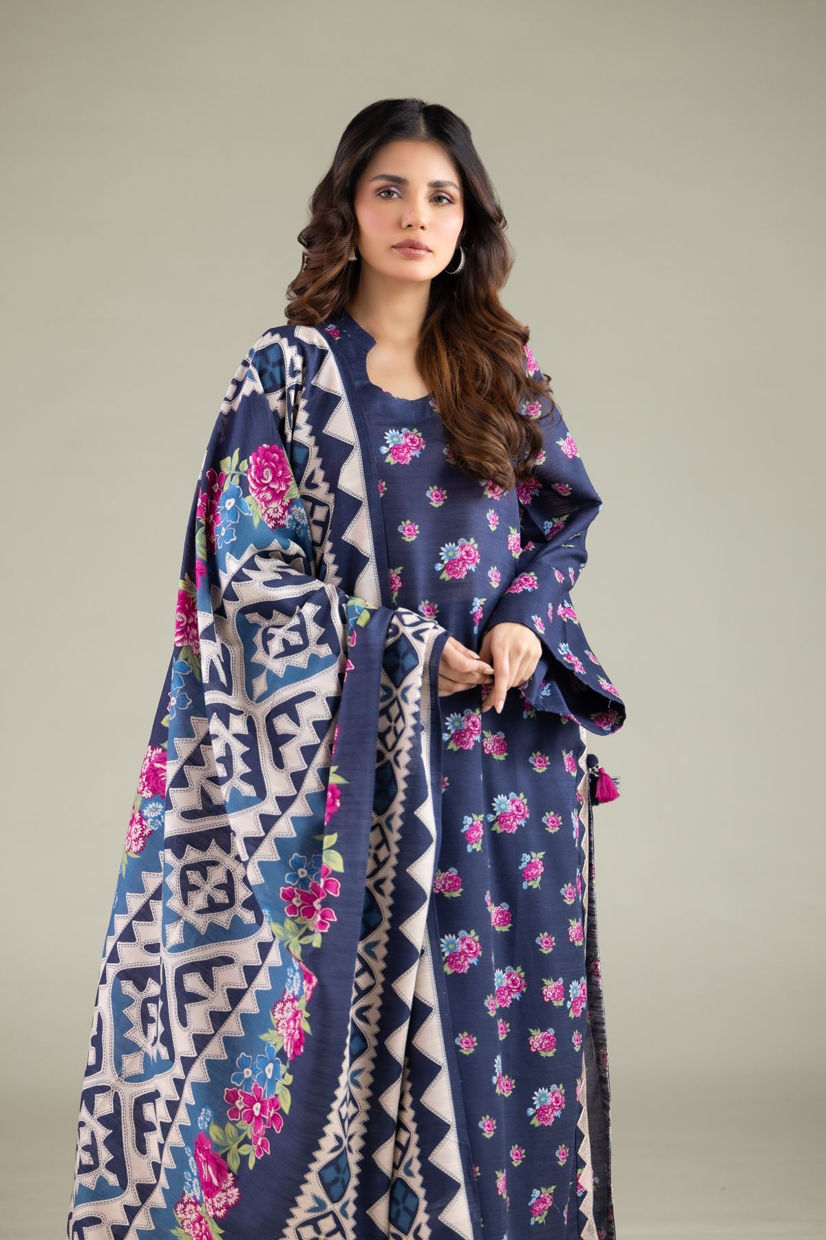 Embroidered Textured Cotton Floral Geometric Dupatta - 1-26-115-C-F-VG