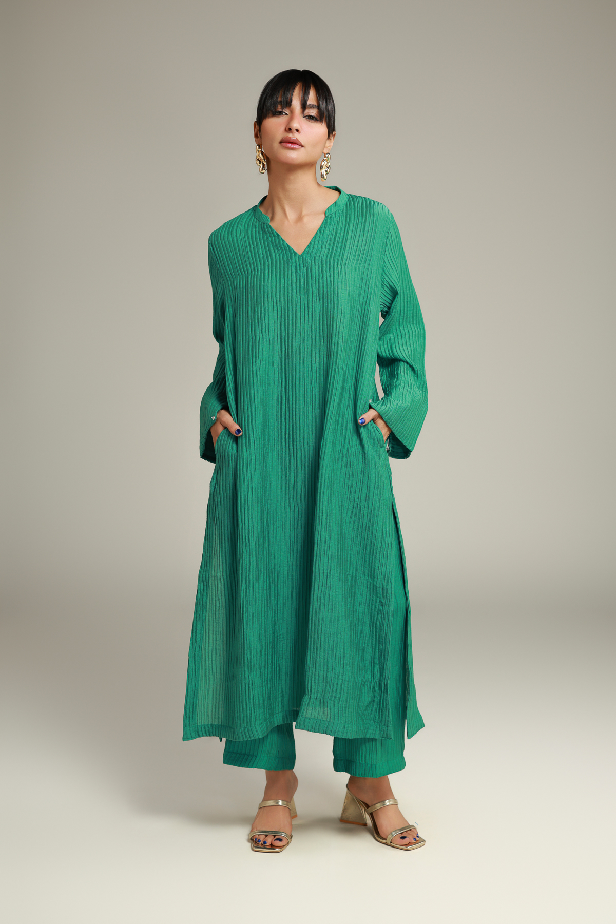 Dyed Blended Crinkle Solid Long Kurta - R-SB25056A-VG