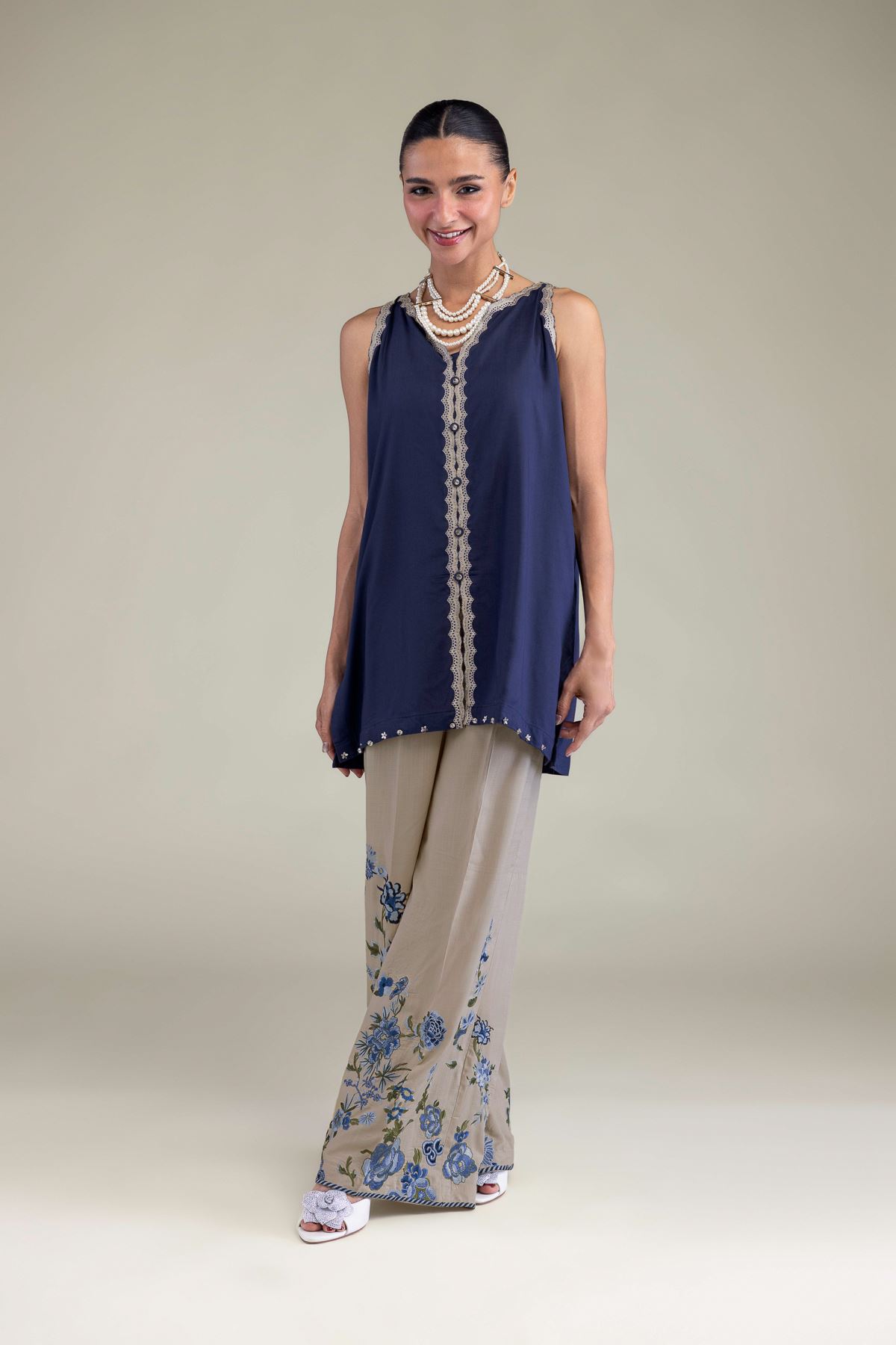 Embroidered Raw Silk Sleeveless V-Neck Kurta - 2-26-202-A-B-VG
