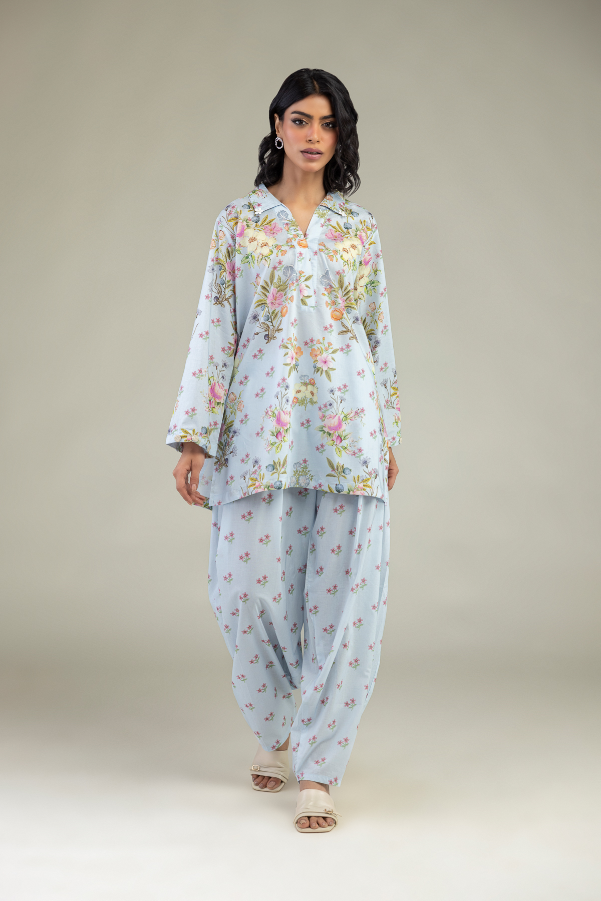 Embroidered Cambric Blue Floral Pants - 1-26-240-A-G1-VG
