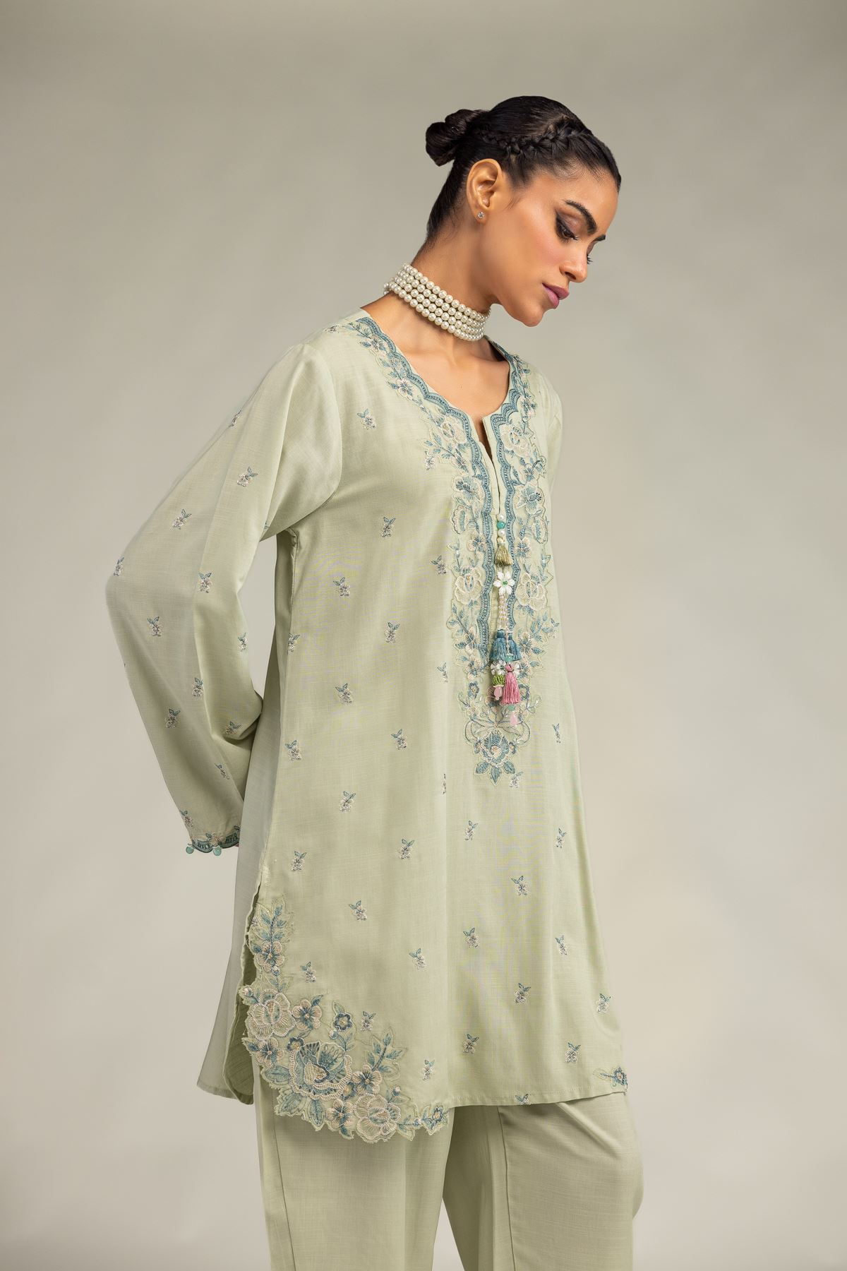 Embroidered Raw Silk Floral Mint Kurta - 2-26-306-A-D1-VG