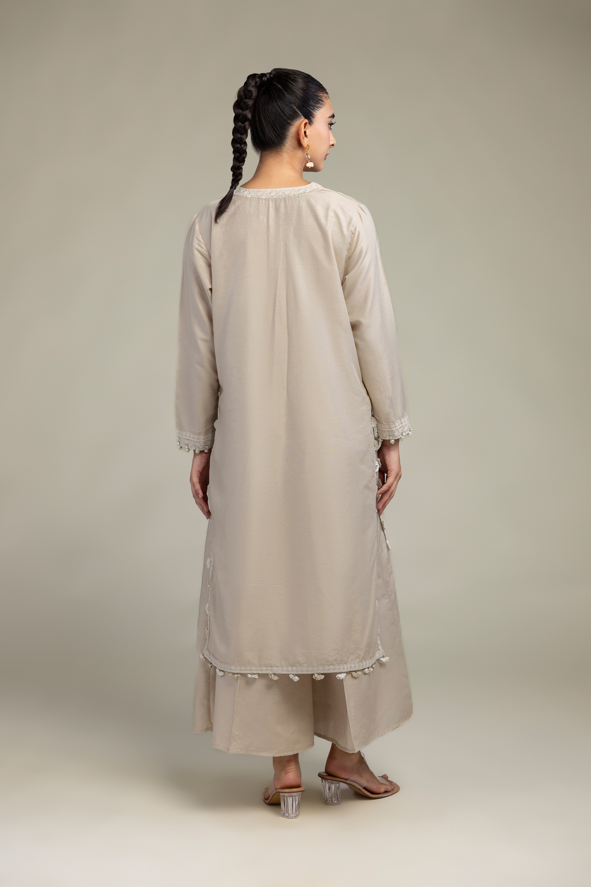 Embroidered Raw Silk Paisley Beige  Kurta - T-A33-26-204FB1-VG