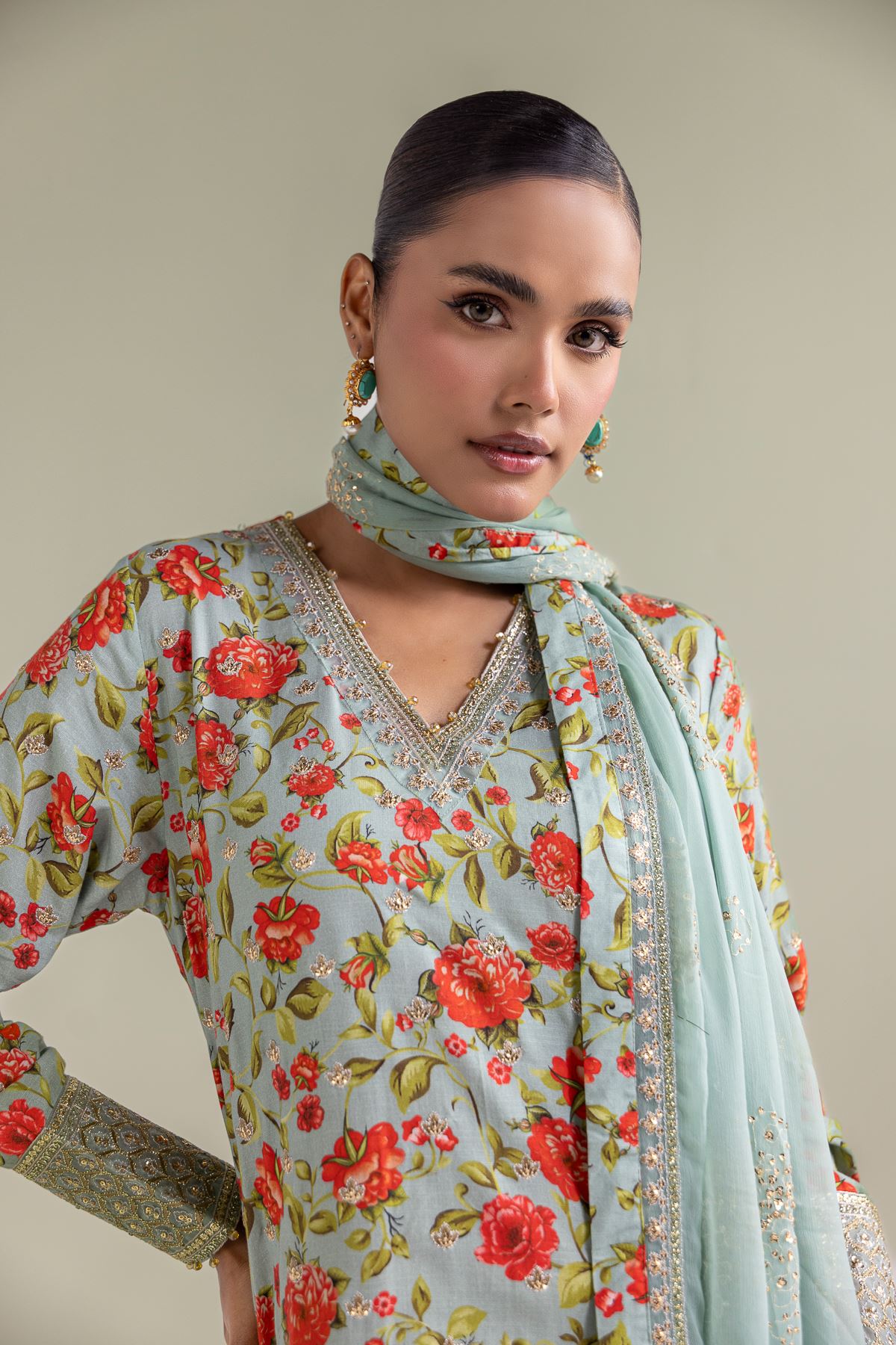 Embroidered Chiffon Floral 3-piece Set - 1-26-143-A-F-VG