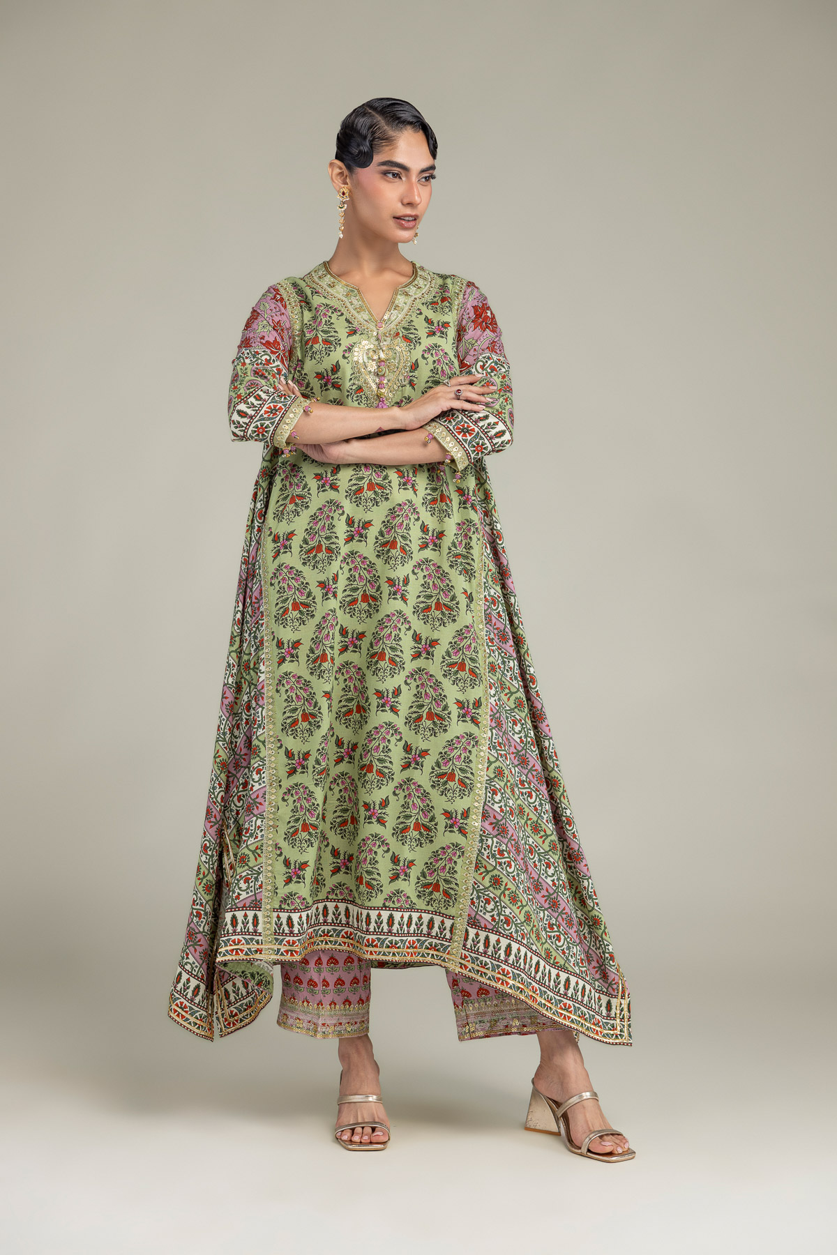 Embroidered Raw Silk Long Green Kurta - A22-26-214FH1-VG