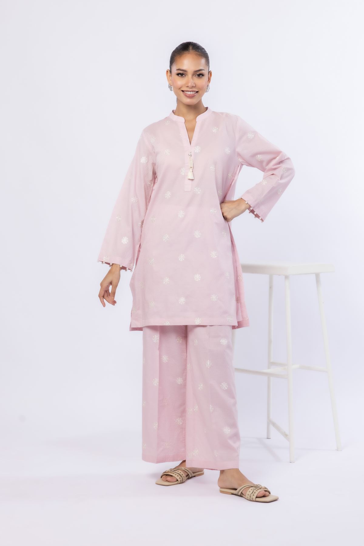 Embroidered Cotton Dobby Pants - R-EET24479-VG