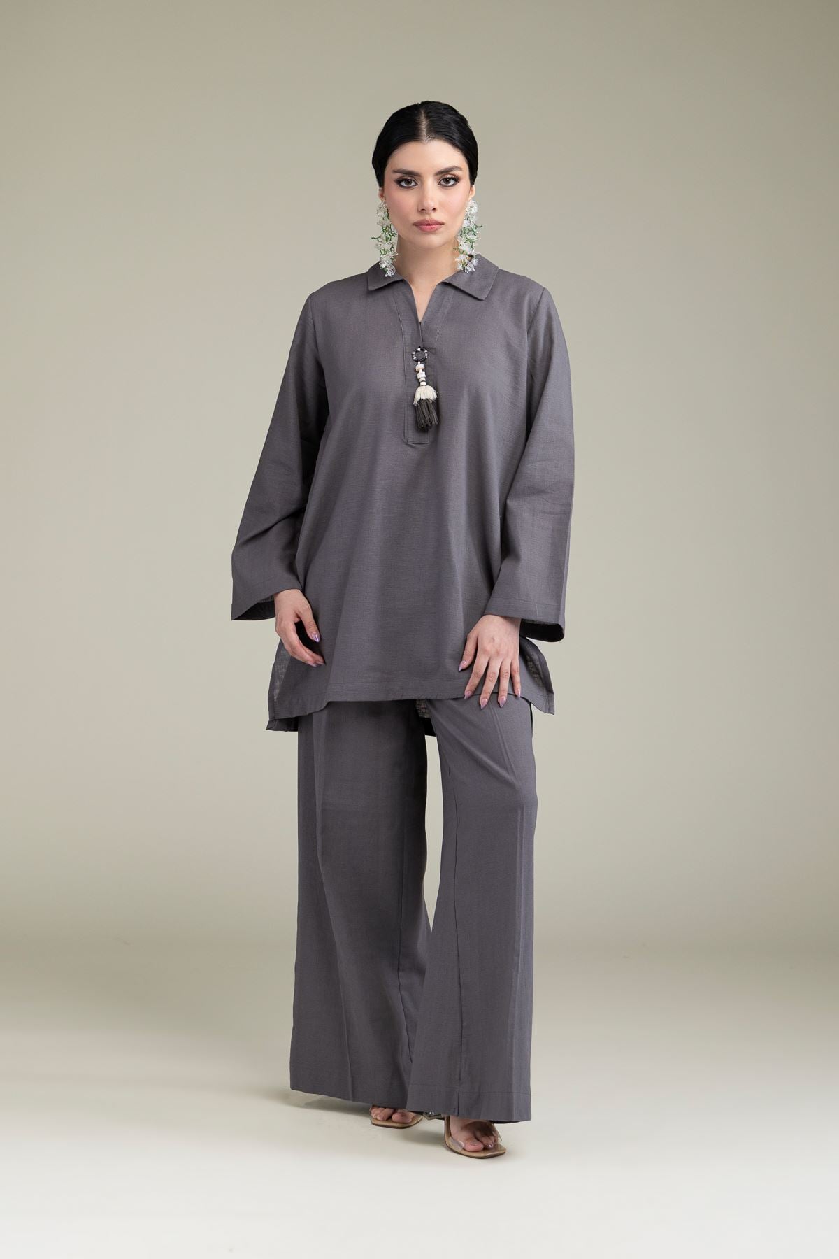 Dyed Blended Linen Gray Solid Pants - 8-26-201-A-B1-VG