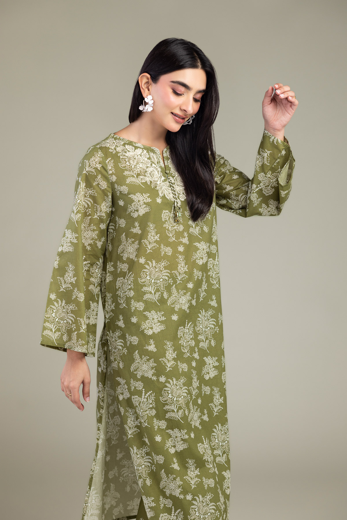 Embroidered Cambric Olive Longline Kurta - 1-26-102-A-F-VG