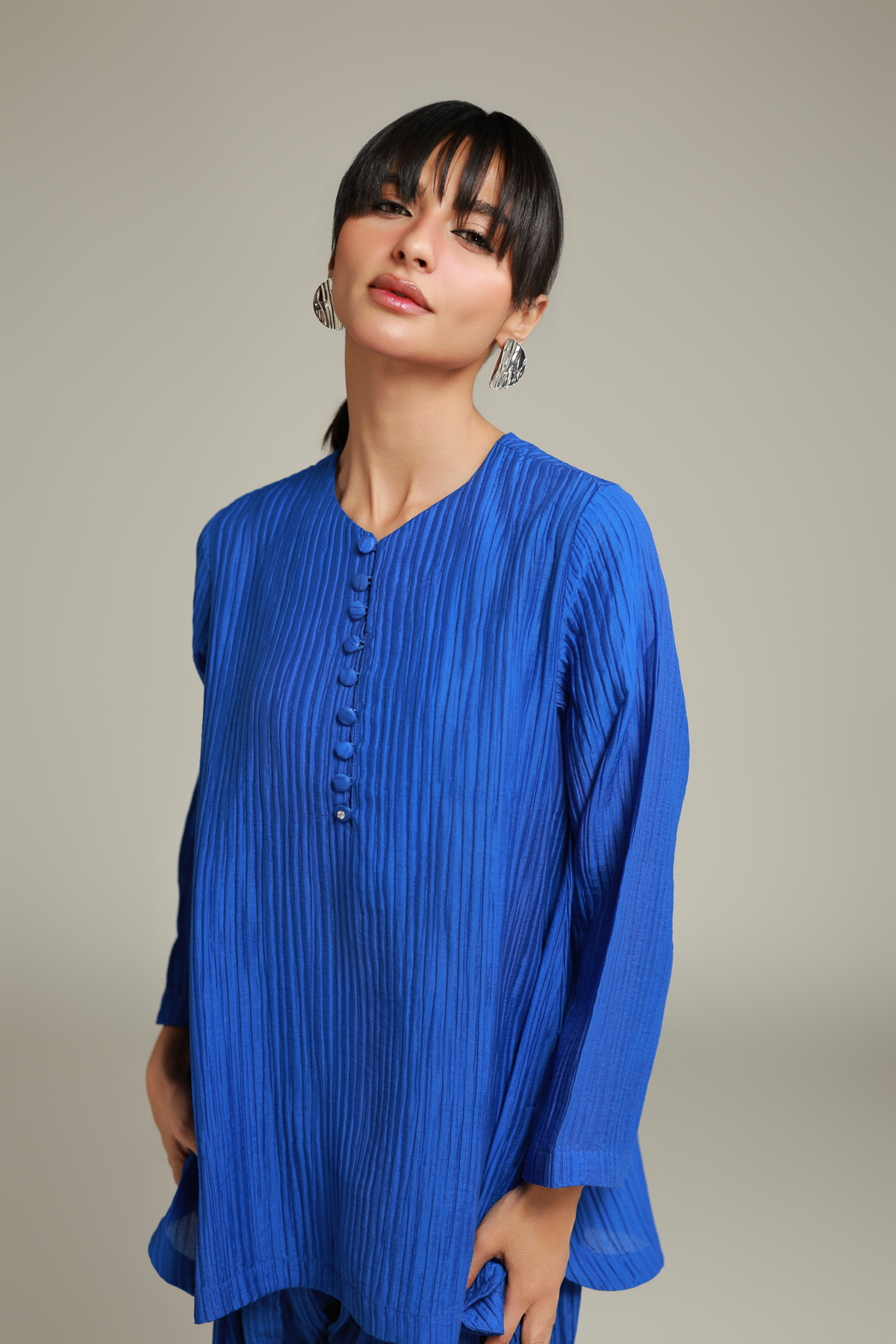 Dyed Blended Crinkle Short Blue Kurta - T-A112-26-103EF2-VG