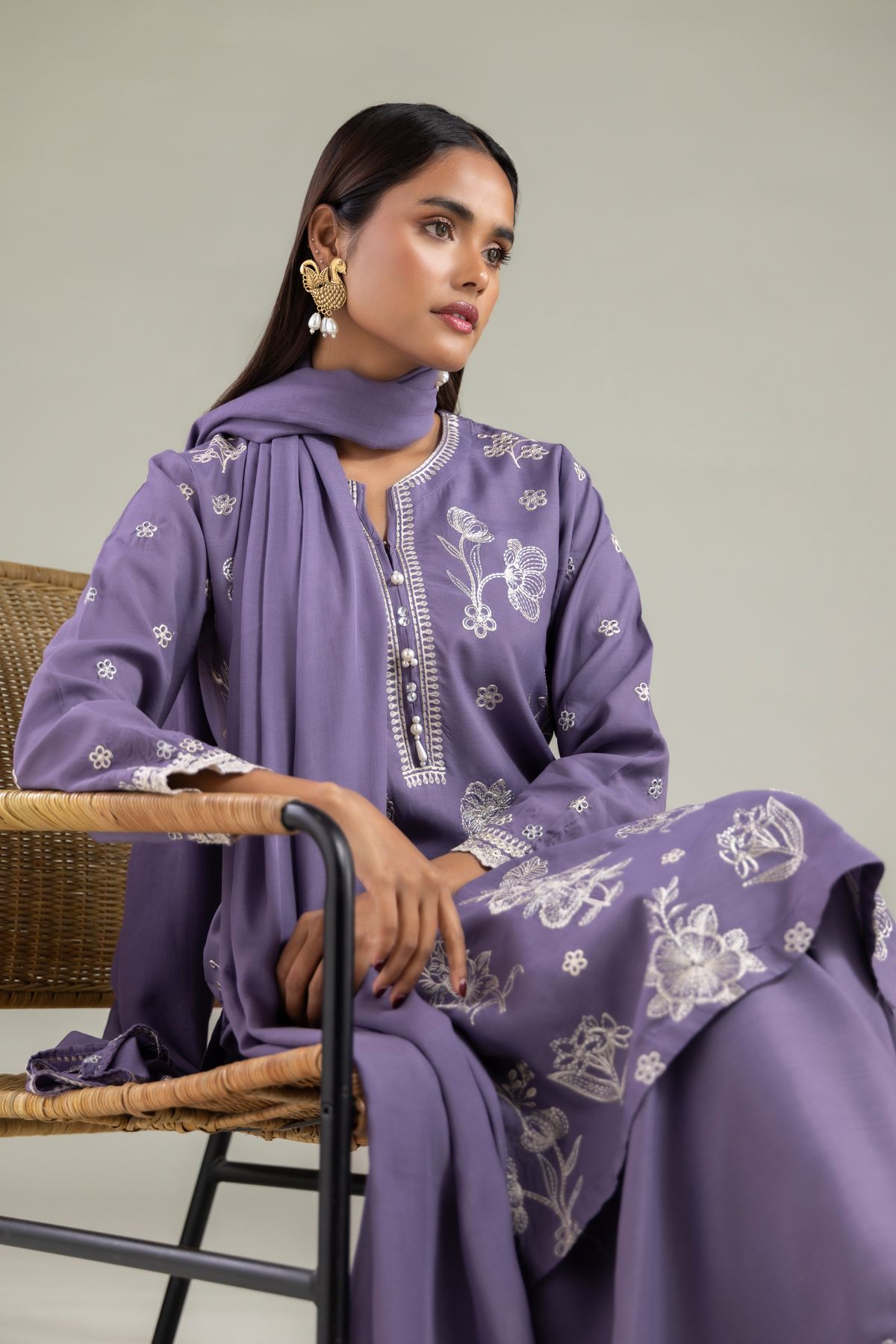 Embroidered Raw Silk Floral V-Neck Kurta - 2-26-102-A-H-VG