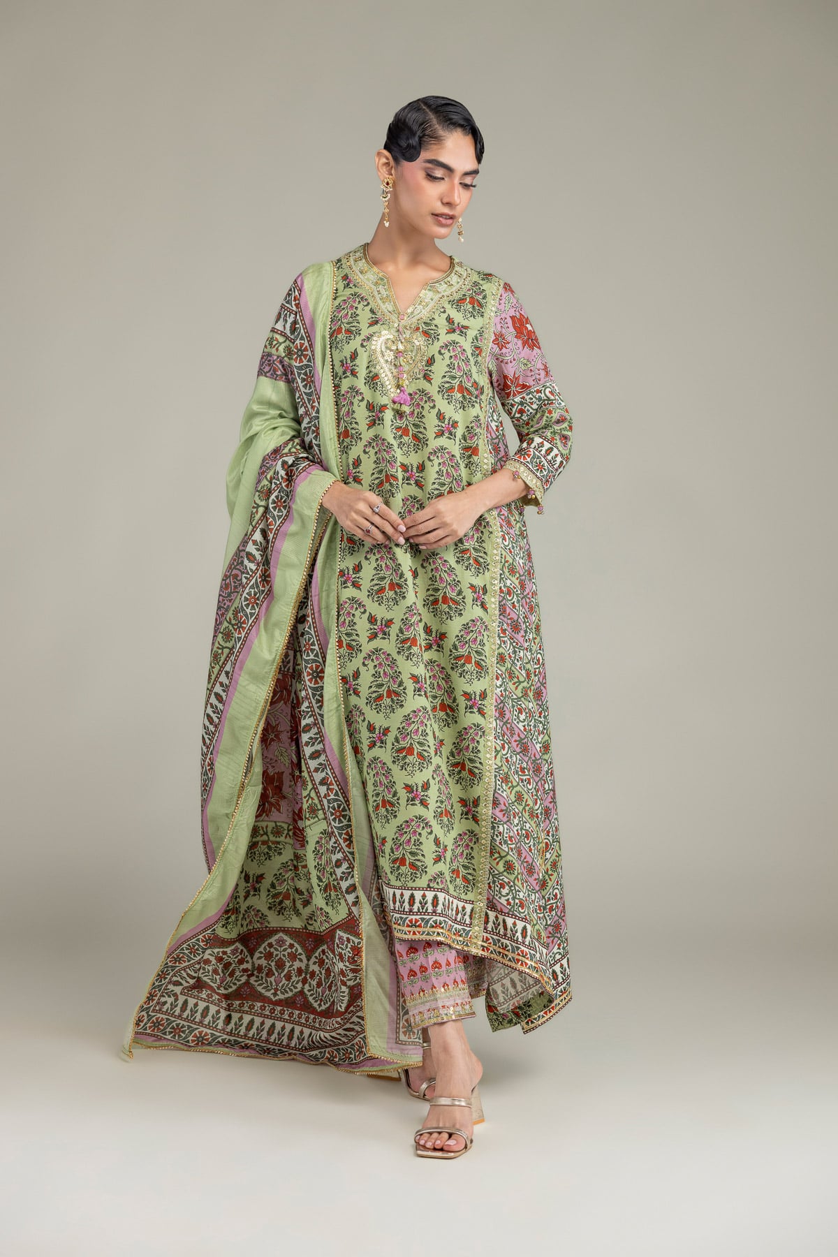 Embroidered Raw Silk Silk Floral Pants - 1-26-102-A-F-VG