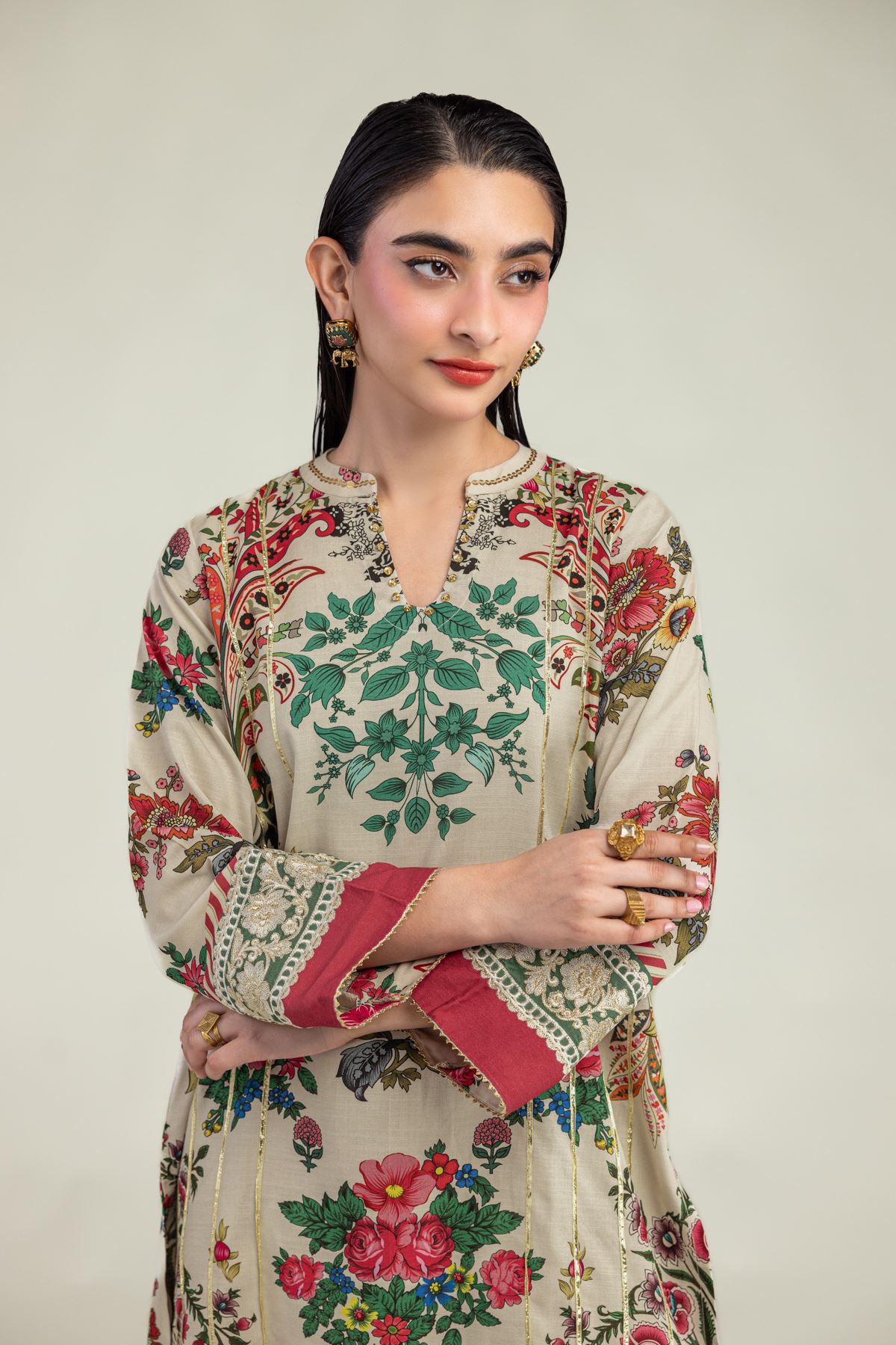 Embroidered Raw Silk Floral Beige Kurta - 1-26-203-A-C1-VG