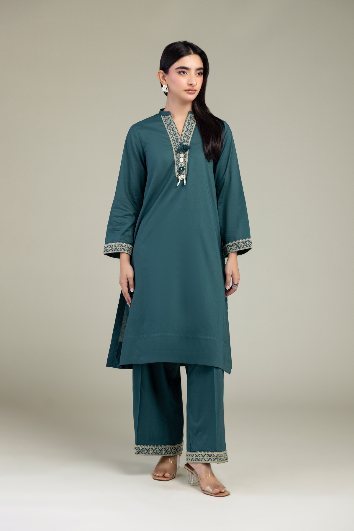 Embroidered Cambric Teal Cambric Pants - 1-26-317B-A-C1-VG