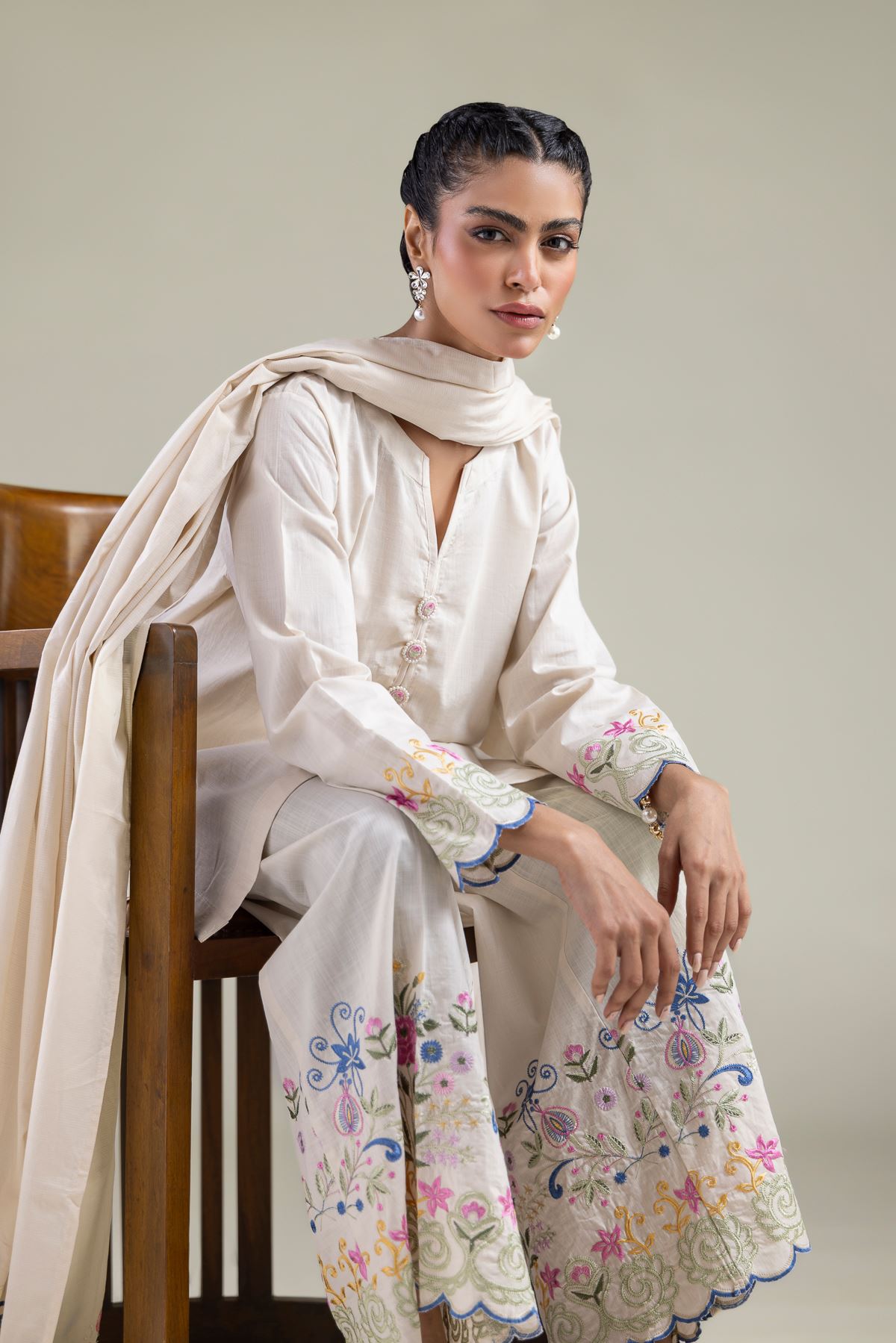 Embroidered Textured Cotton Floral V-Neck Kurta - 1-26-108-A-F-VG