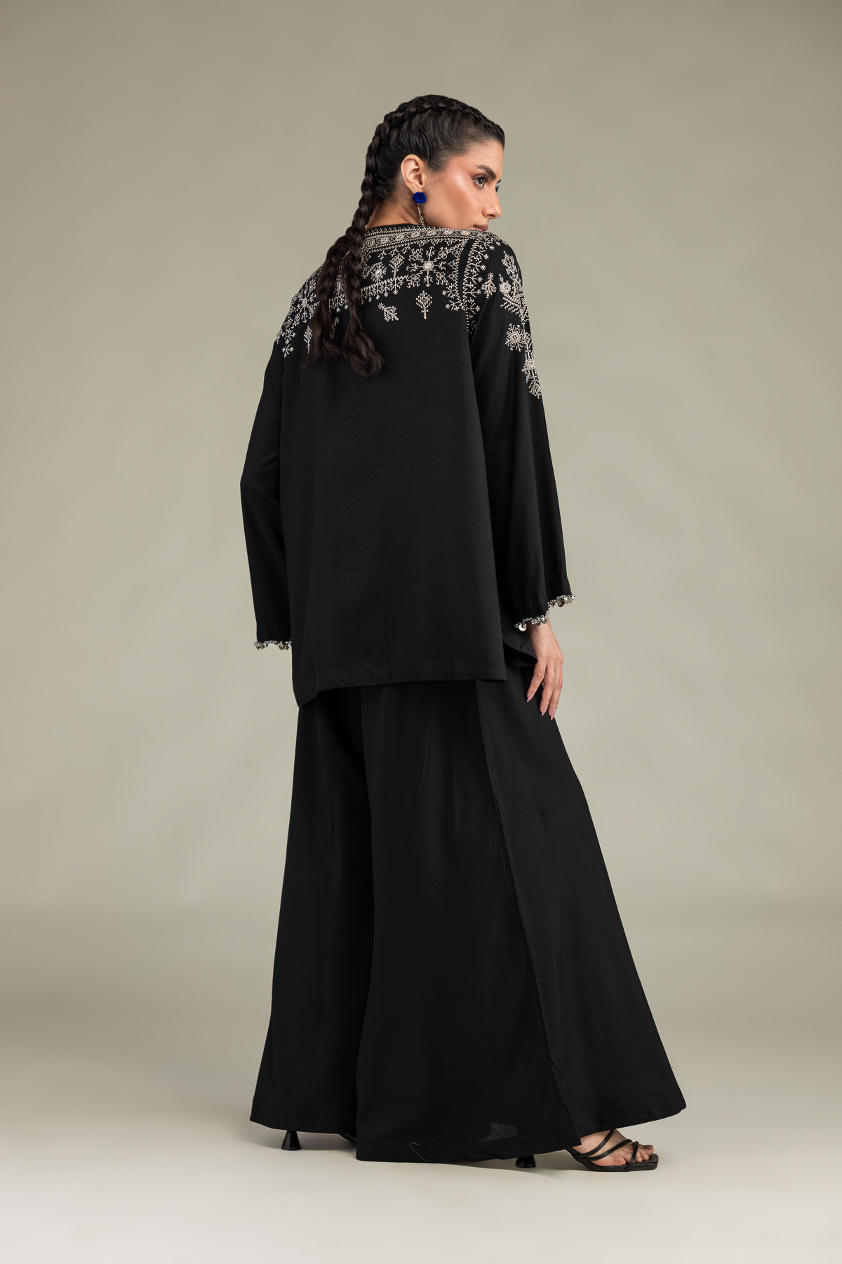 Embroidered Raw Silk Solid Silk Pants - 1-26-102-A-F-VG