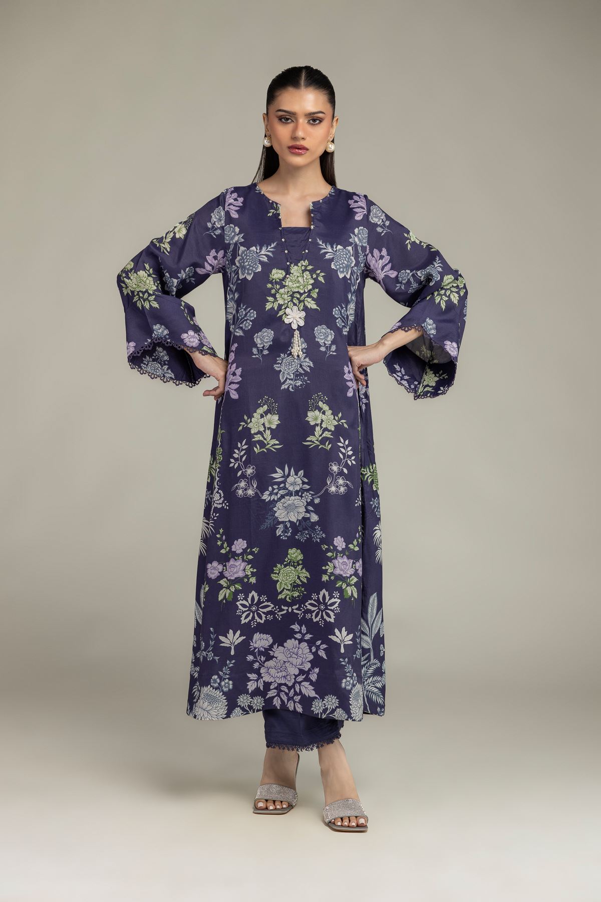 Embroidered Raw Silk Silk Navy Pants - 2-26-208-A-E1-VG