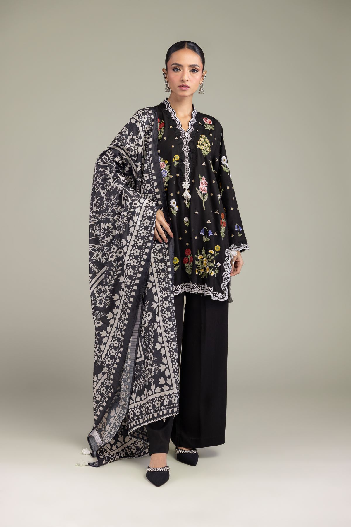 Embroidered Polyester Silk Floral Black Dupatta - 2-26-209-A-C1-VG