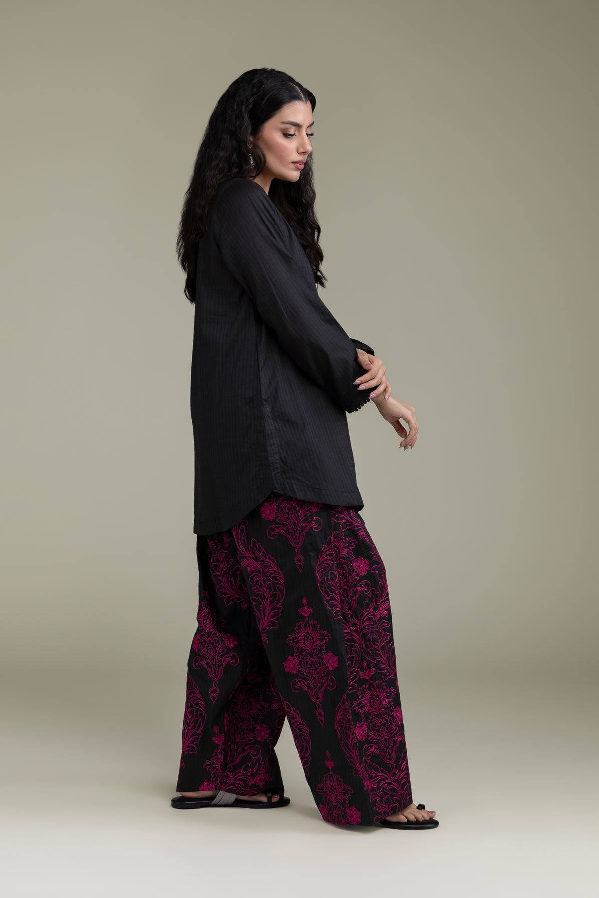 Embroidered Cotton Dobby Black Cotton Pants - 25-10-12E6-04TB-VG