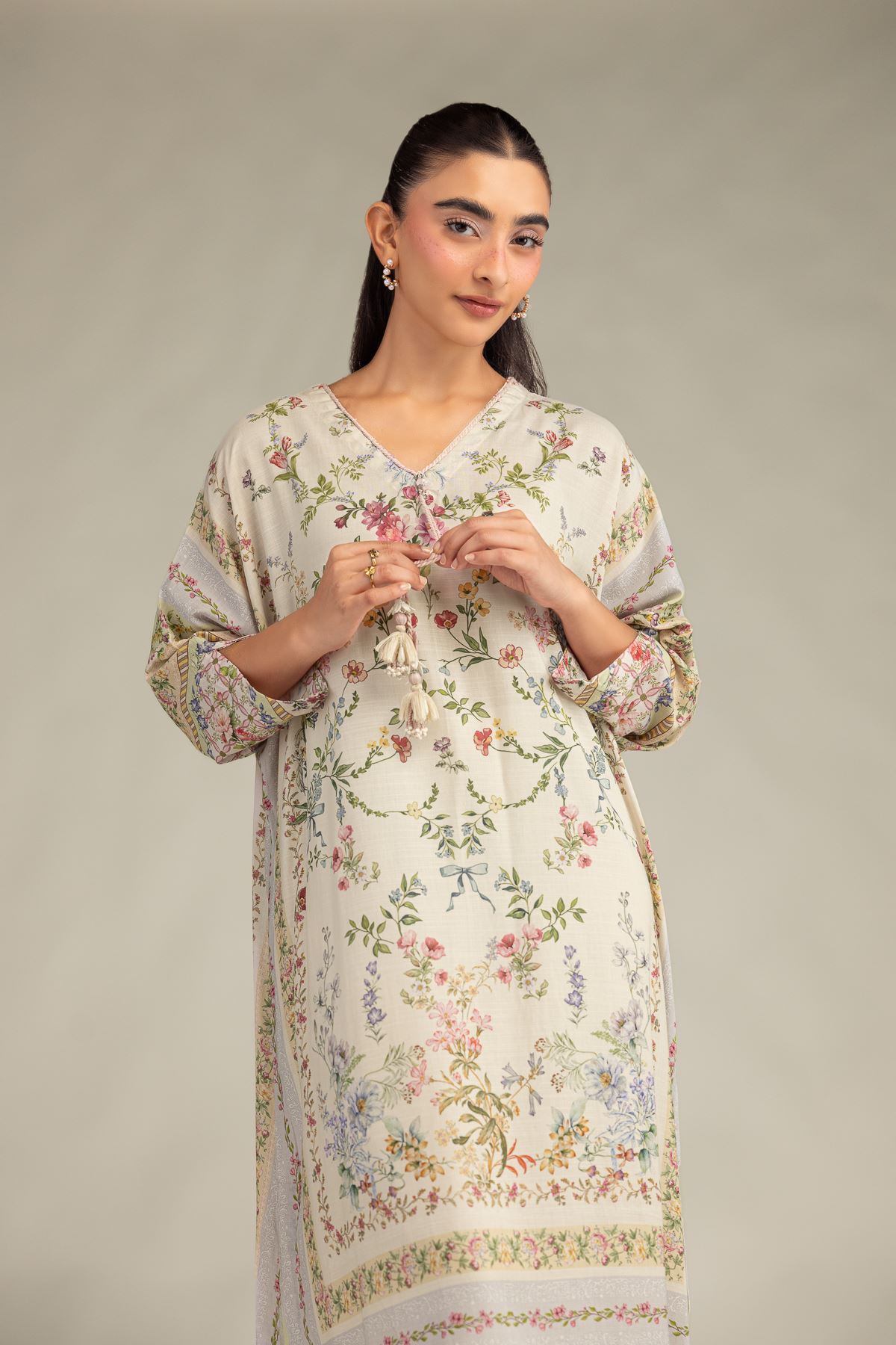 Printed Raw Silk Floral Longline Kurta - 8-26-303-A-B1-VG