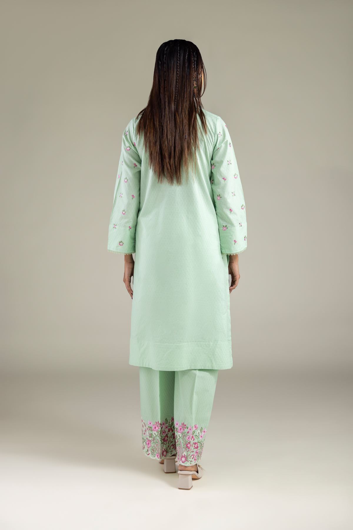 Embroidered Cotton Dobby Floral Band-Collar Kurta - 2-26-101-A-D-VG