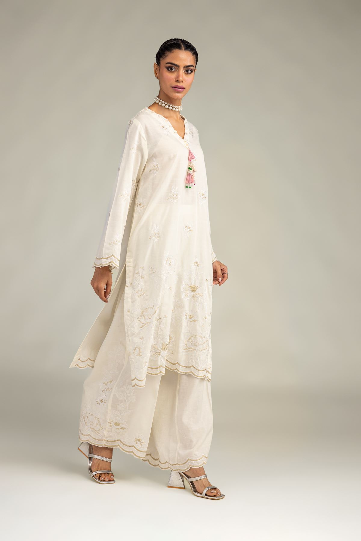 Embroidered Raw Silk Floral Longline Kurta - 1-26-322-B-A1-VG