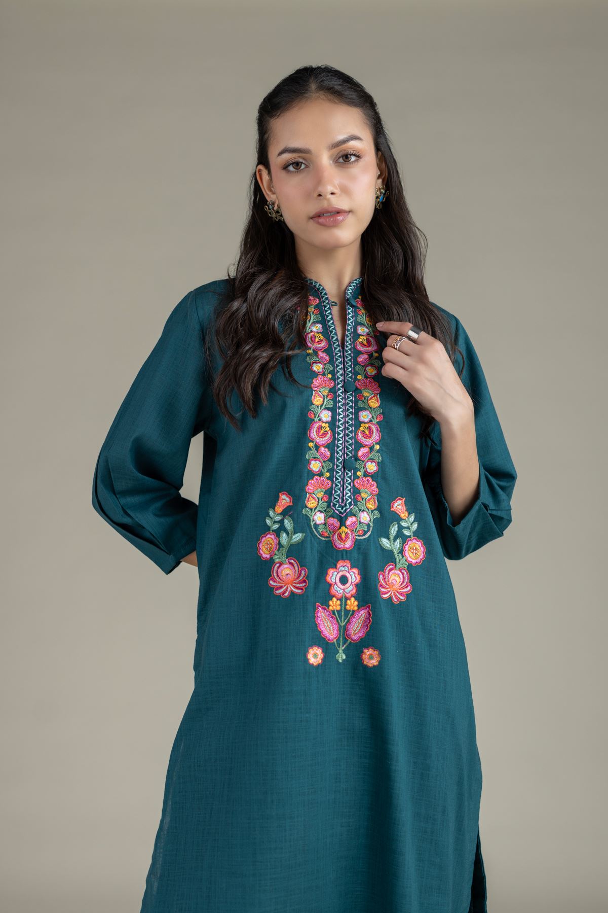 Embroidered Heavy Textured Cotton Kurta - EET24546B-VG
