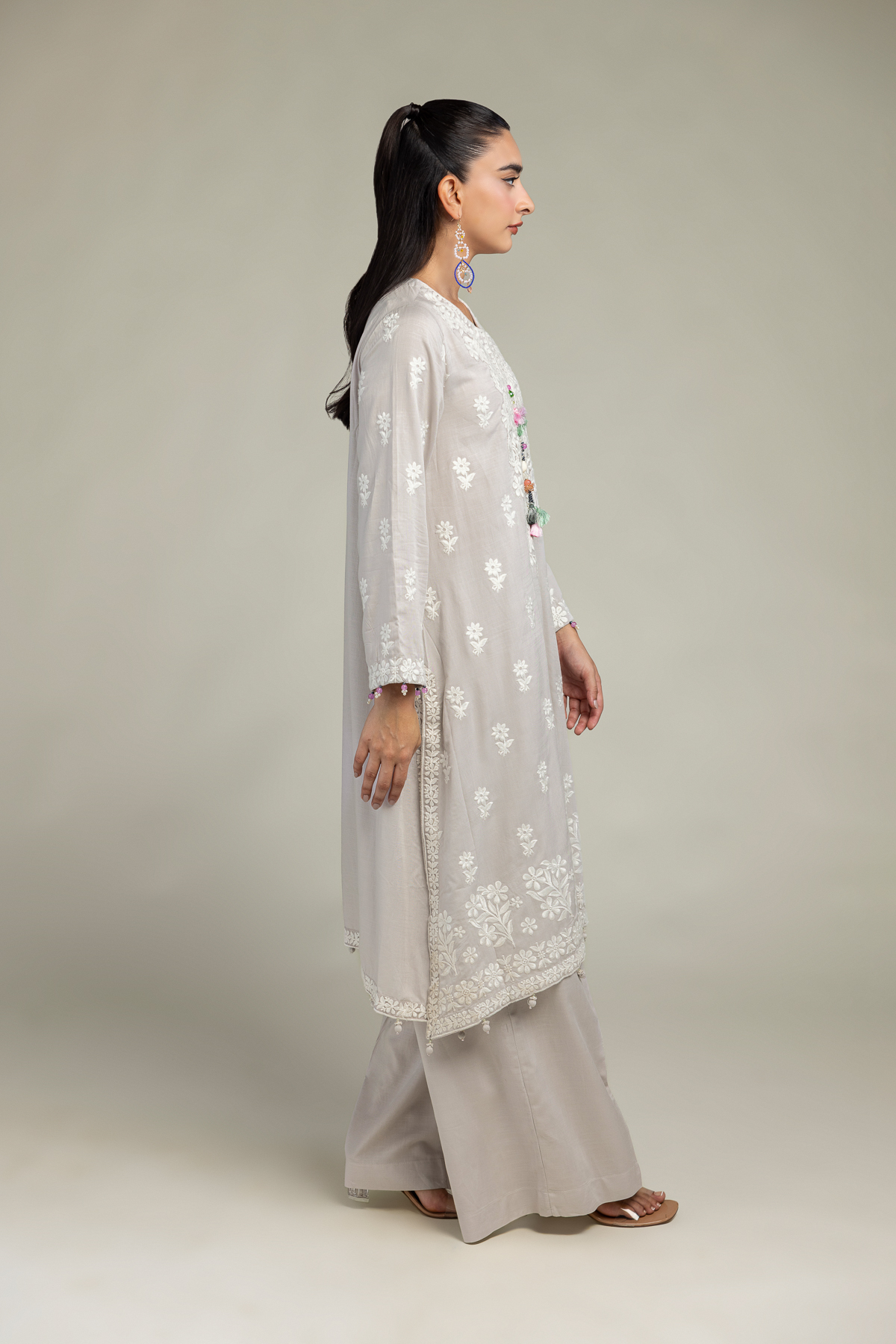 Embroidered Raw Silk Gray Solid Pants - 1-26-102-A-F-VG