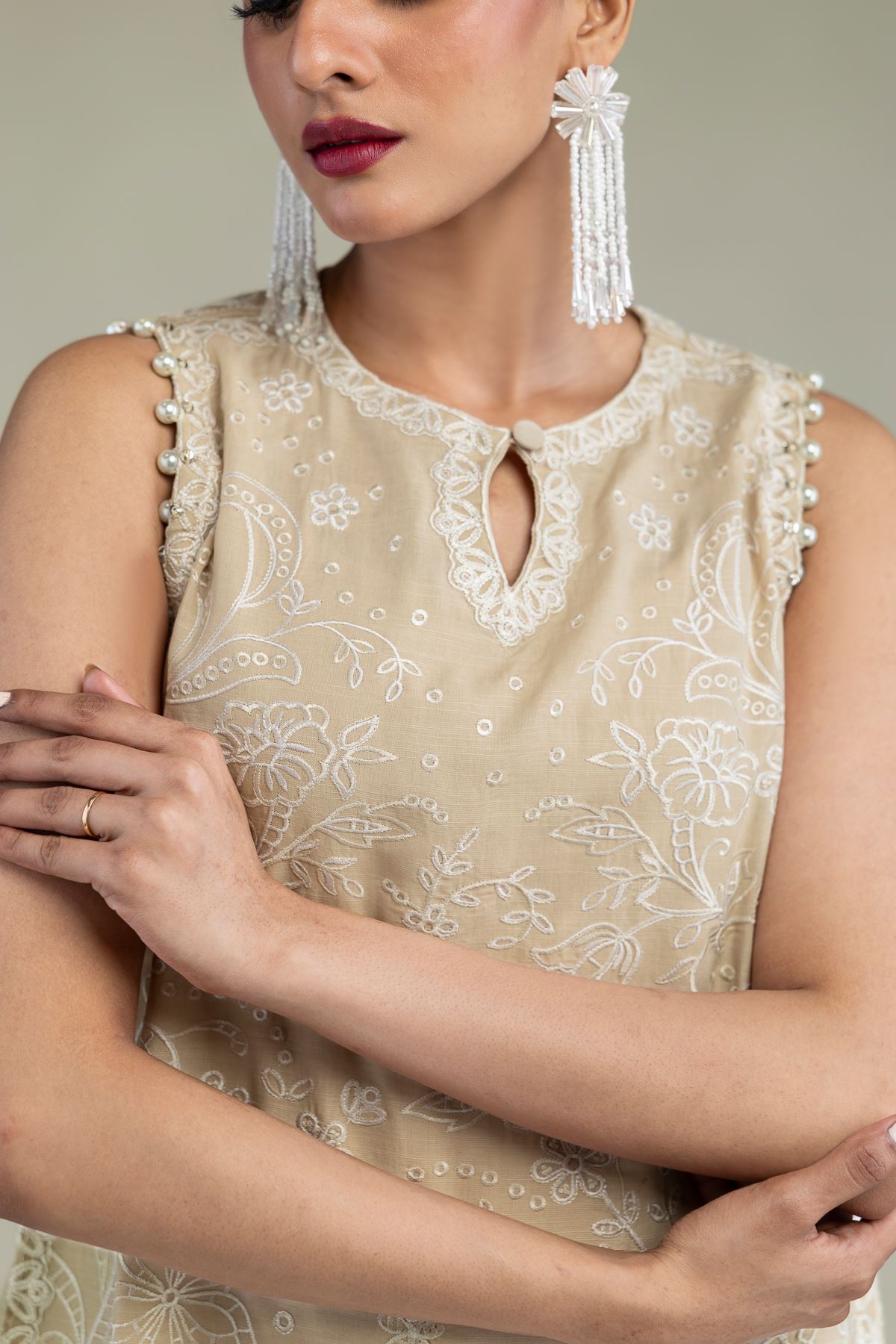 Embroidered Raw Silk Beige Sleeveless Kurta - 2-26-304-C-G1-VG