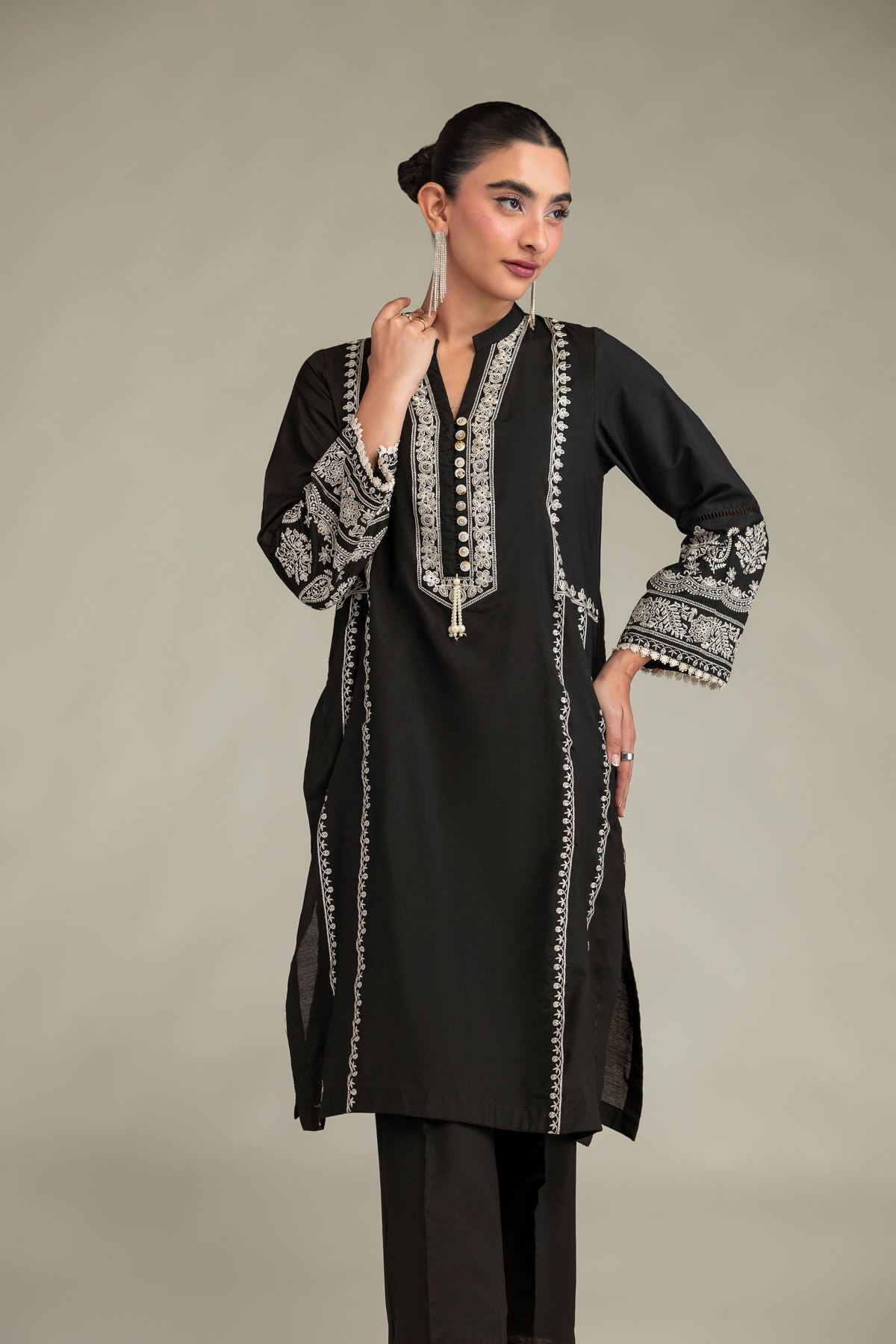 Printed Raw Silk Long Black Kurta - 1-26-244-A-D1-VG