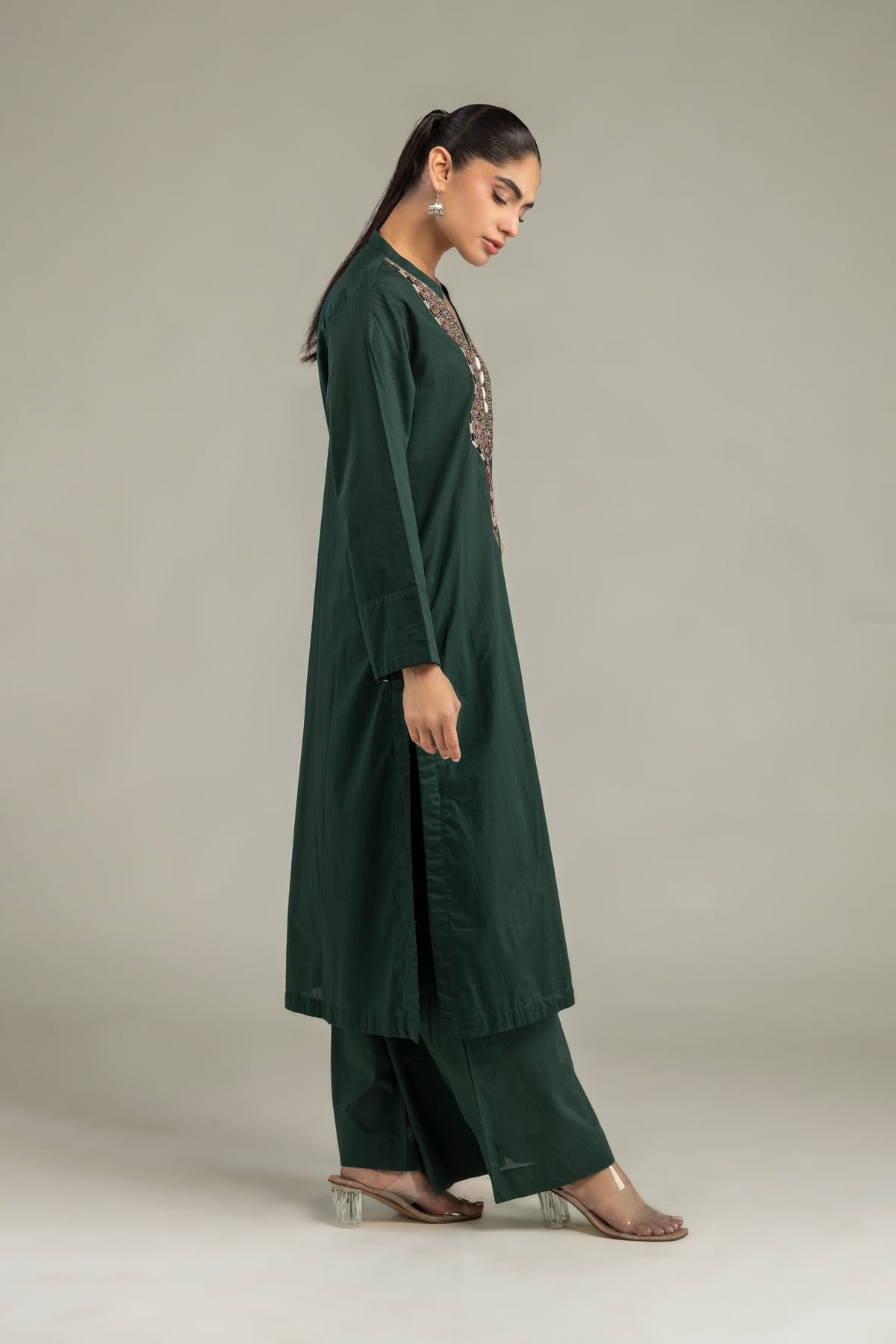 Embroidered Cambric Solid Green Pants - 1-26-102-A-F-VG