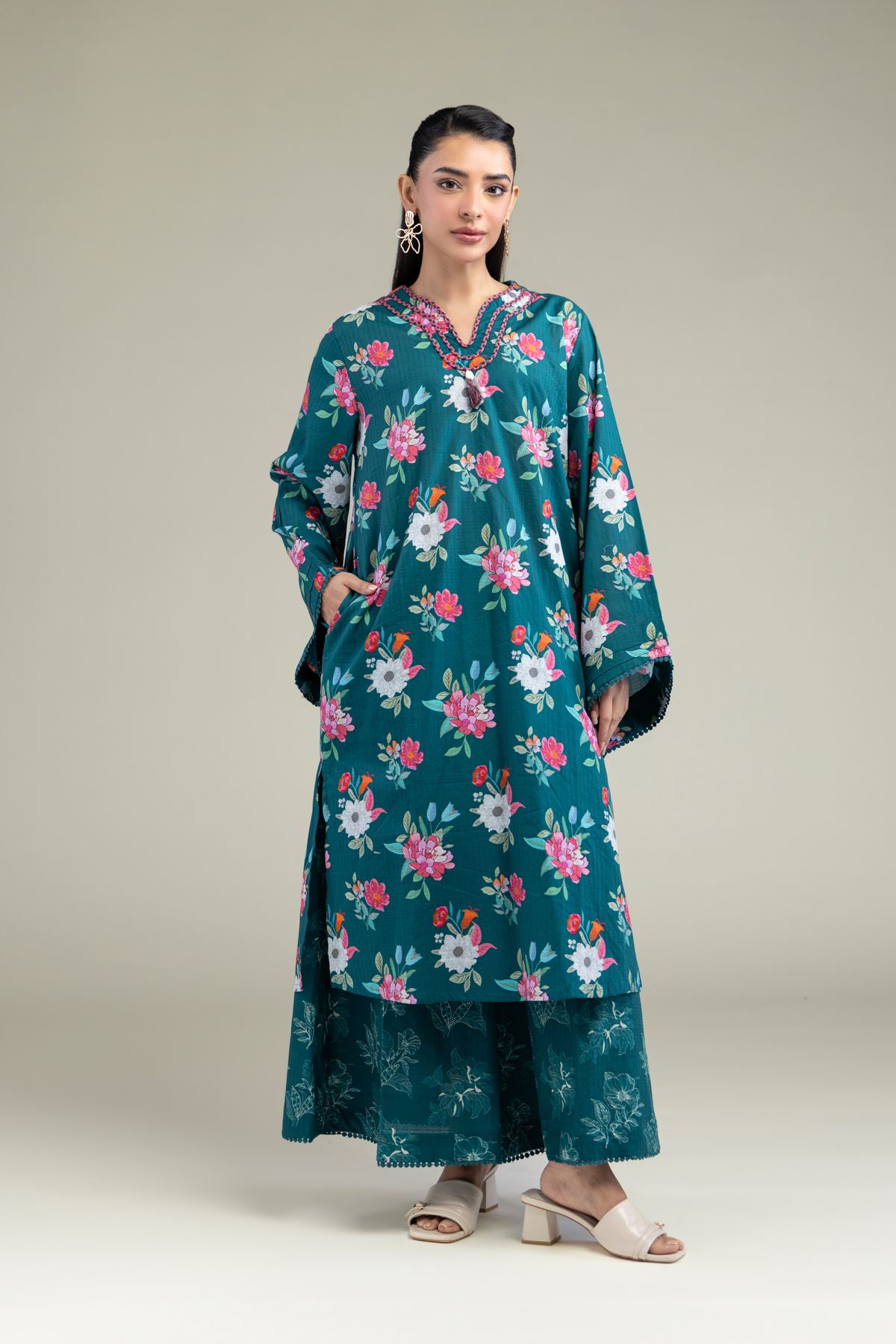 Printed Cotton Dobby Floral Teal Pants - 1-26-247-A-G2-VG
