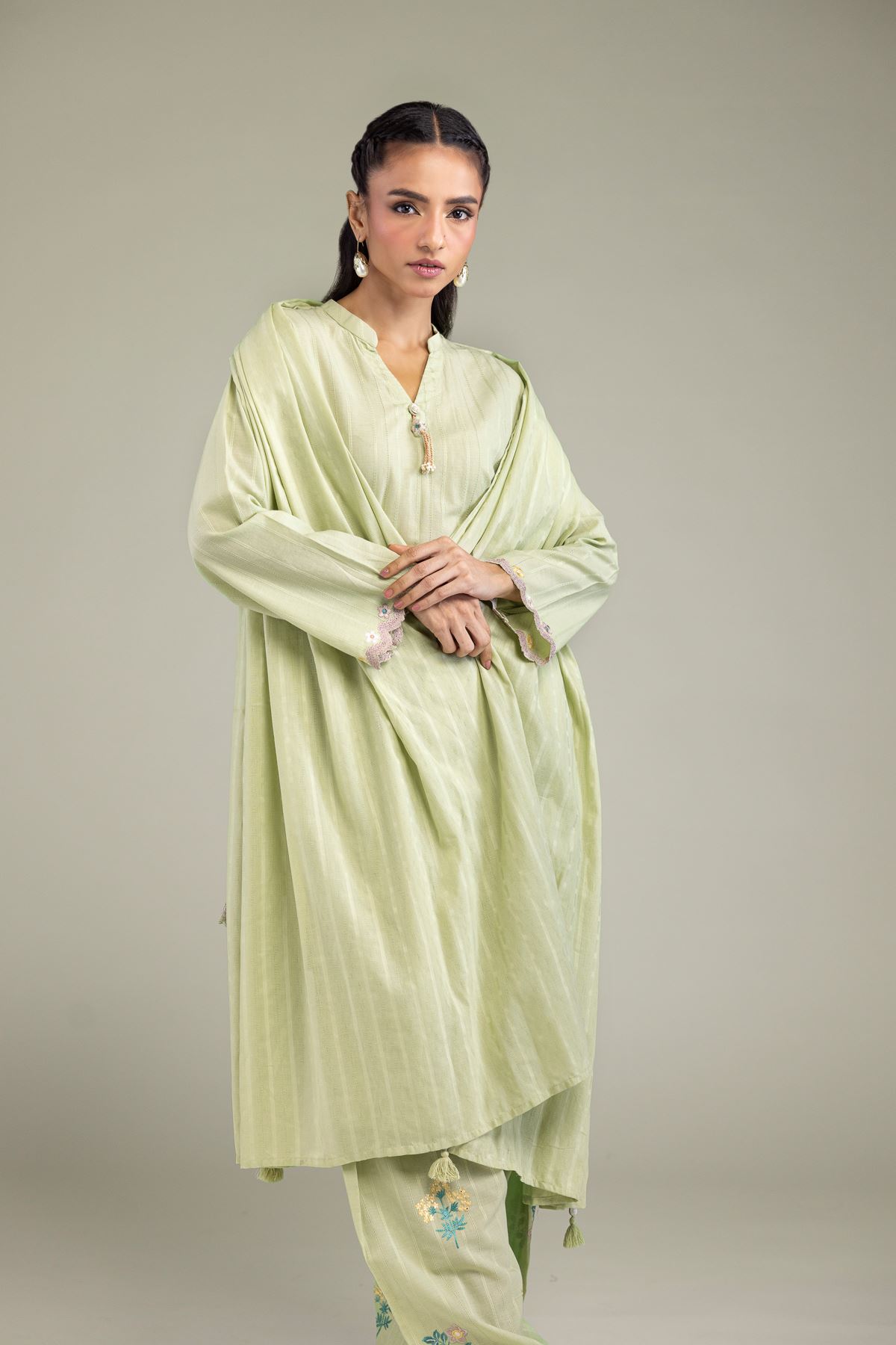 Embroidered Textured Cotton Solid Cotton Dupatta - 1-26-131-A-G-VG