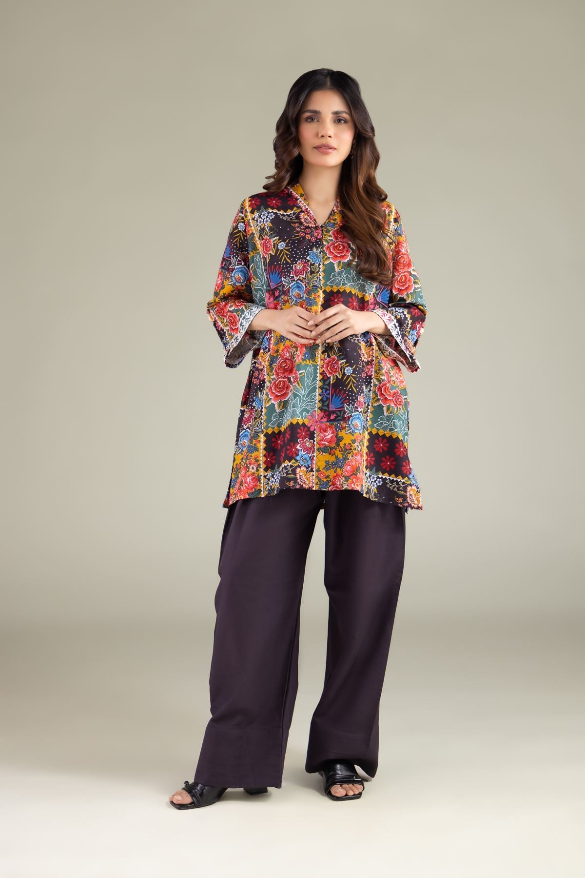 Embroidered Textured Cotton Floral V-Neck Kurta - 1-26-144-B-E-VG