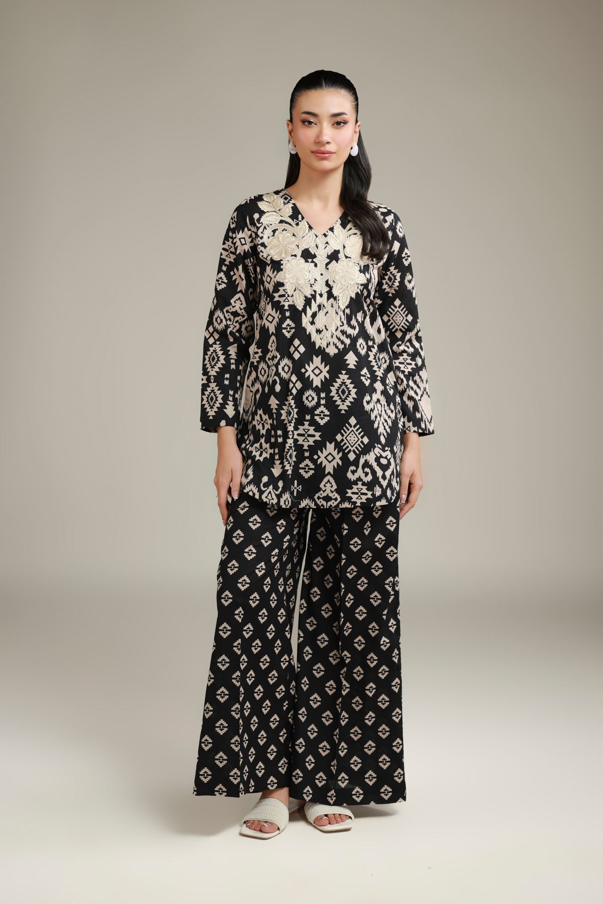 Embroidered Cotton Dobby Black Cotton Pants - 1-26-132-A-E-VG