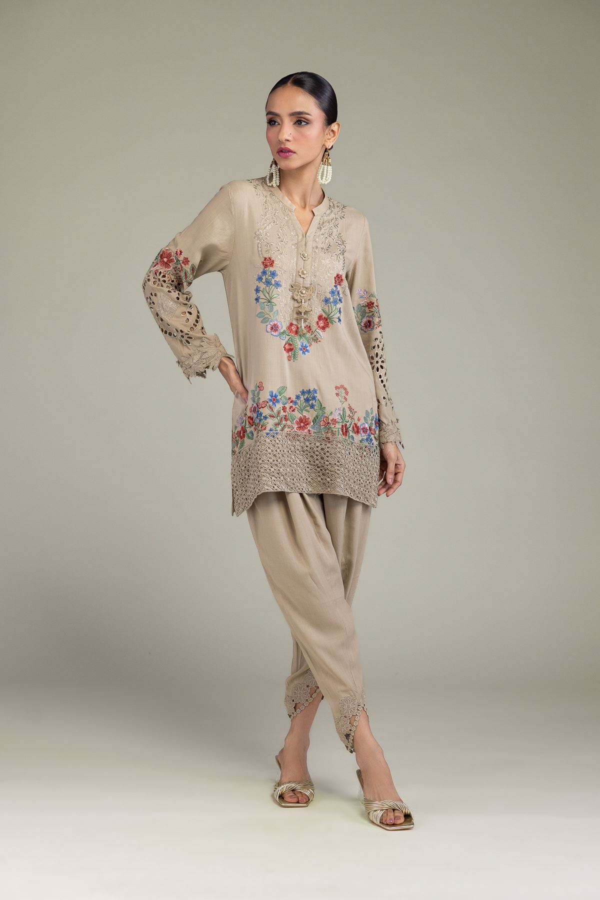 Embroidered Raw Silk Floral Silk Kurta - 1-26-131-A-B-VG