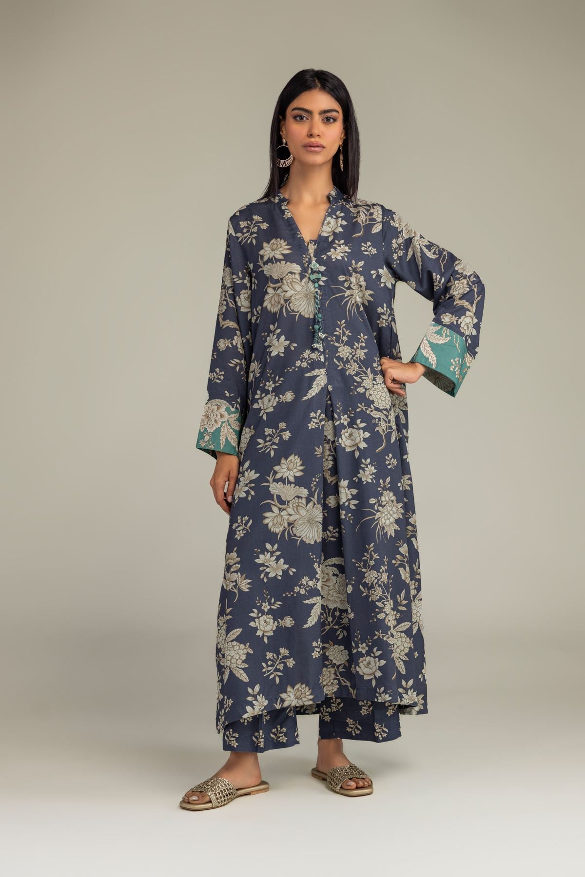 Printed Raw Silk Floral Longline Kurta - 12-26-301-A-E1-VG