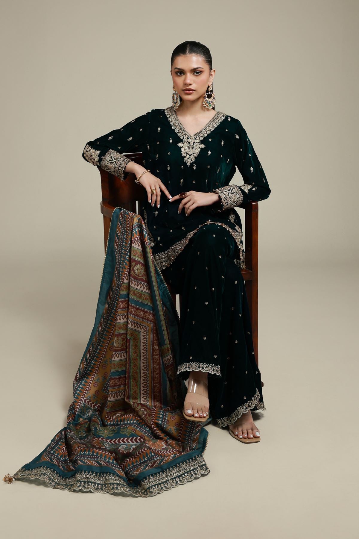 Embroidered Velvet 3 Piece Co-ord Set - 5-26-103-F-F-VG