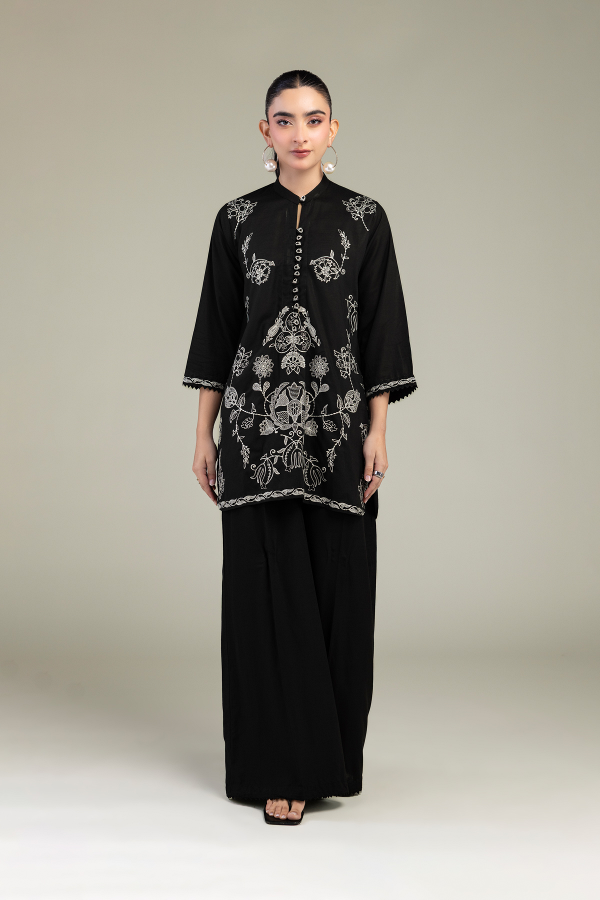 Embroidered Raw Silk Black Floral Kurta - 1-26-309-B-D1-VG