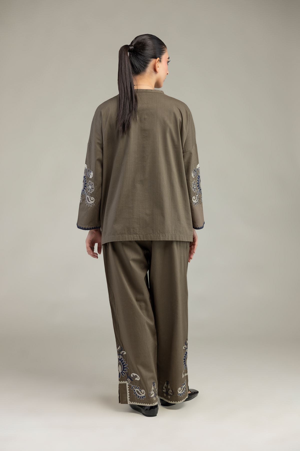 Embroidered Textured Cotton Floral Olive Blouse - 6-26-204-A-D2-VG