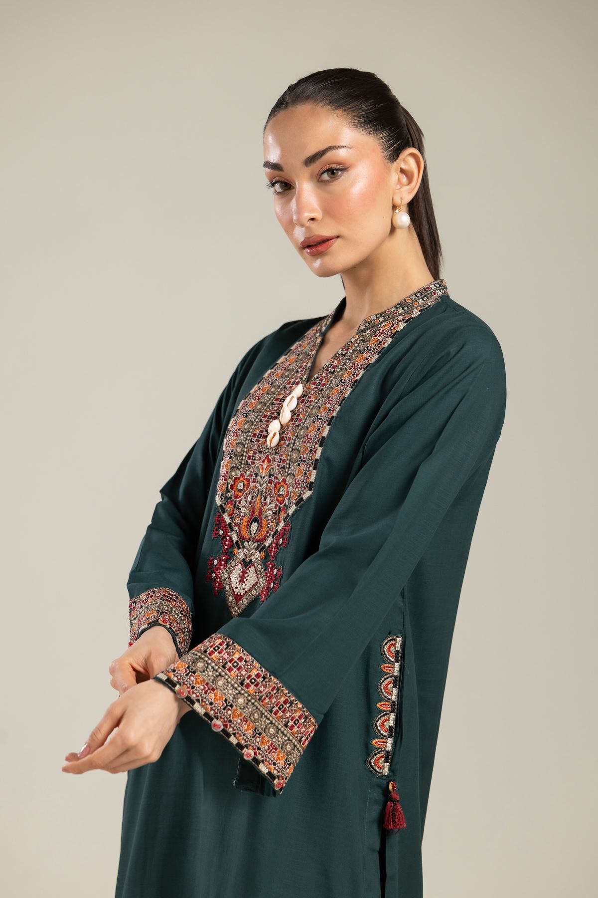 Embroidered Raw Silk Green Longline Kurta - 1-26-106-A-D-VG