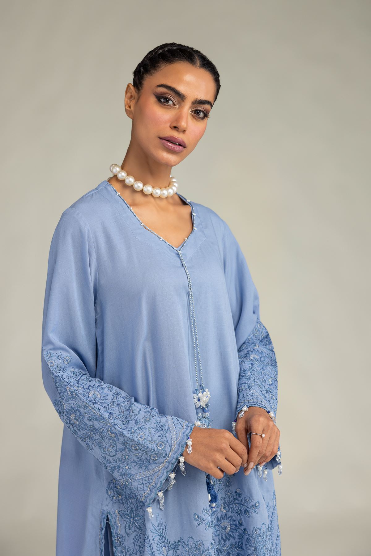 Embroidered Raw Silk Light Blue Kurta - 1-26-322-B-A1-VG