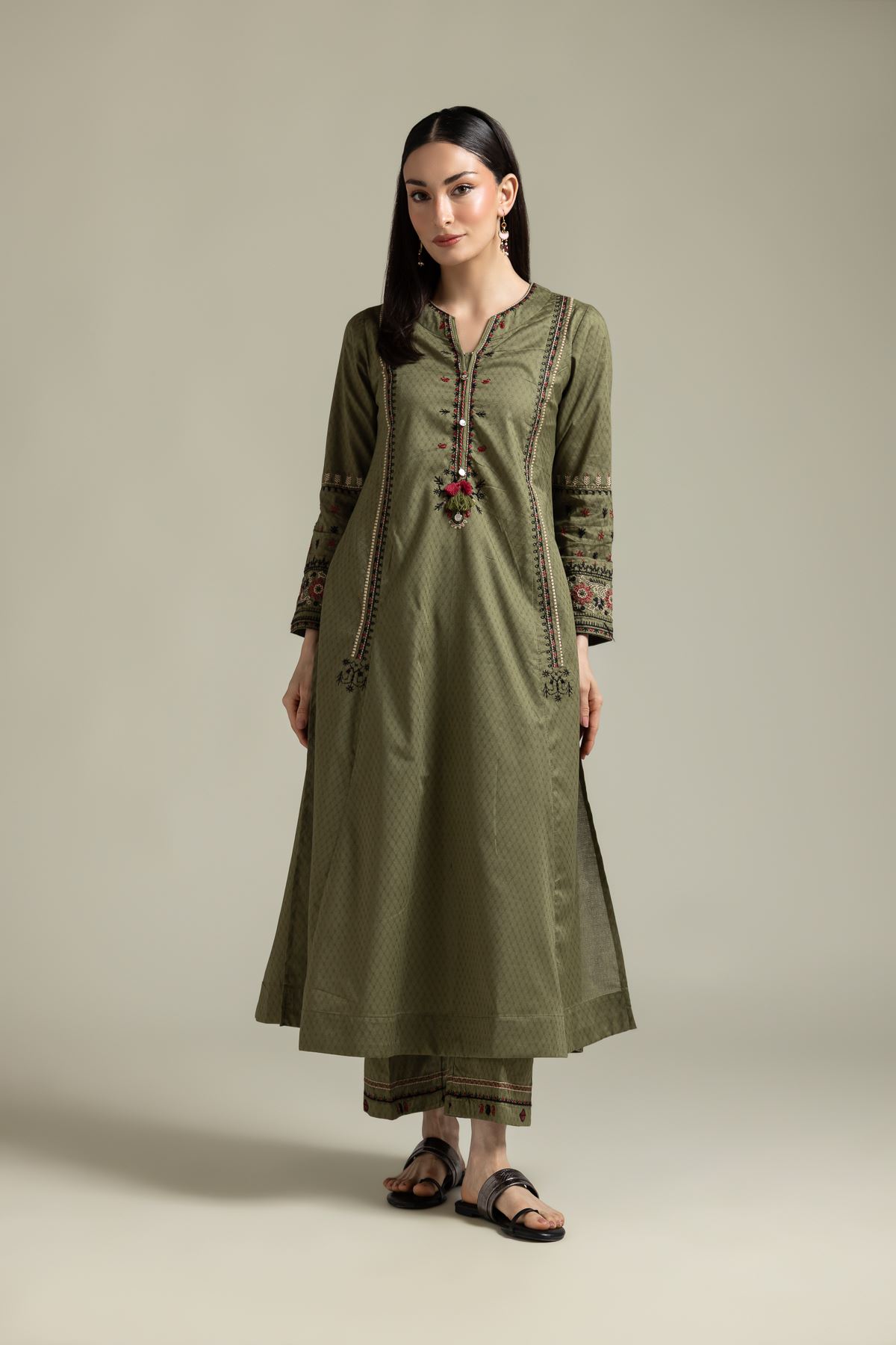 Embroidered Cotton Dobby Olive Floral Kurta - T-A112-26-106EC1-VG