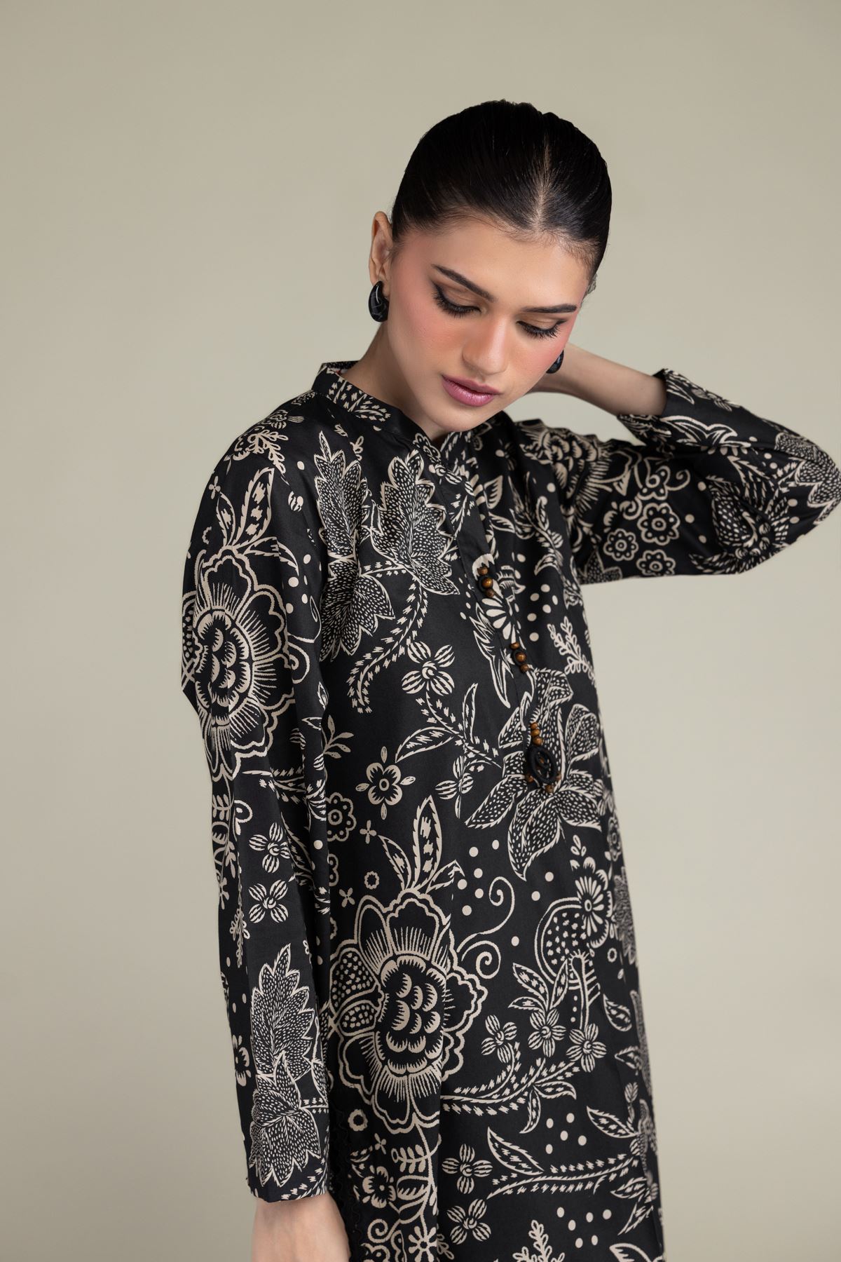 Printed Cotton Viscose Black Longline Kurta - 1-26-206-A-H1-VG