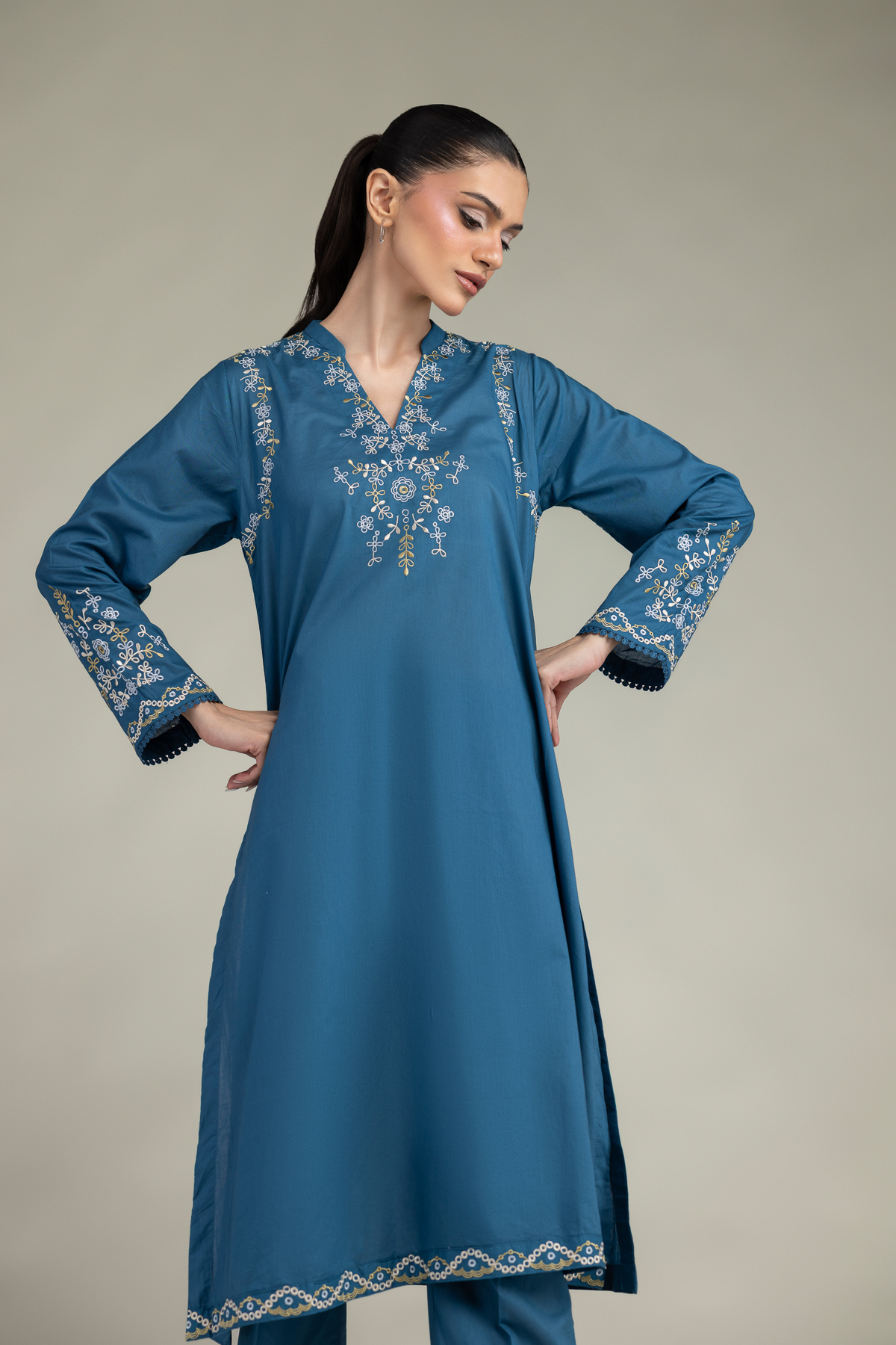 Embroidered Cambric Floral Longline Kurta - 1-26-323-B-A2-VG