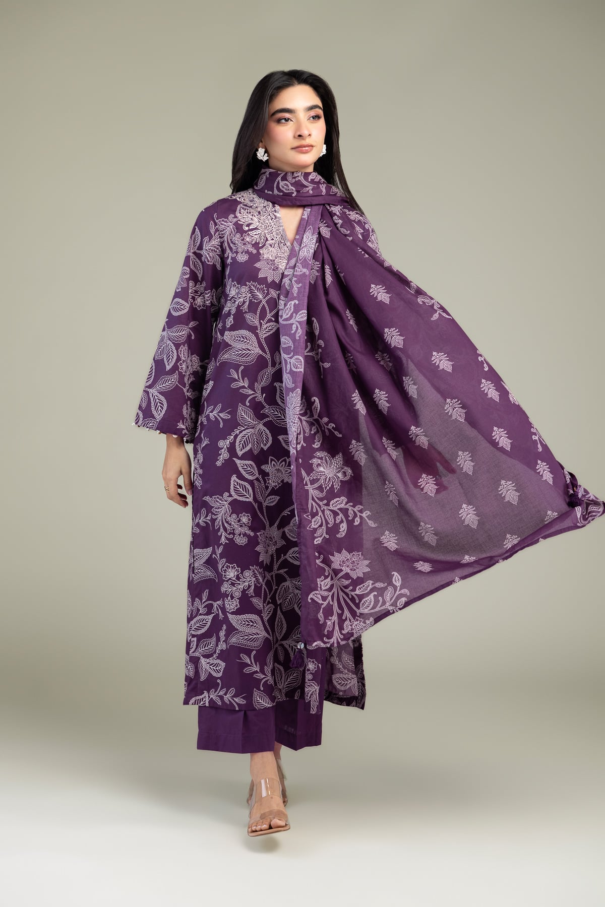 Embroidered Lawn Floral Purple Dupatta - 1-26-102-A-F-VG