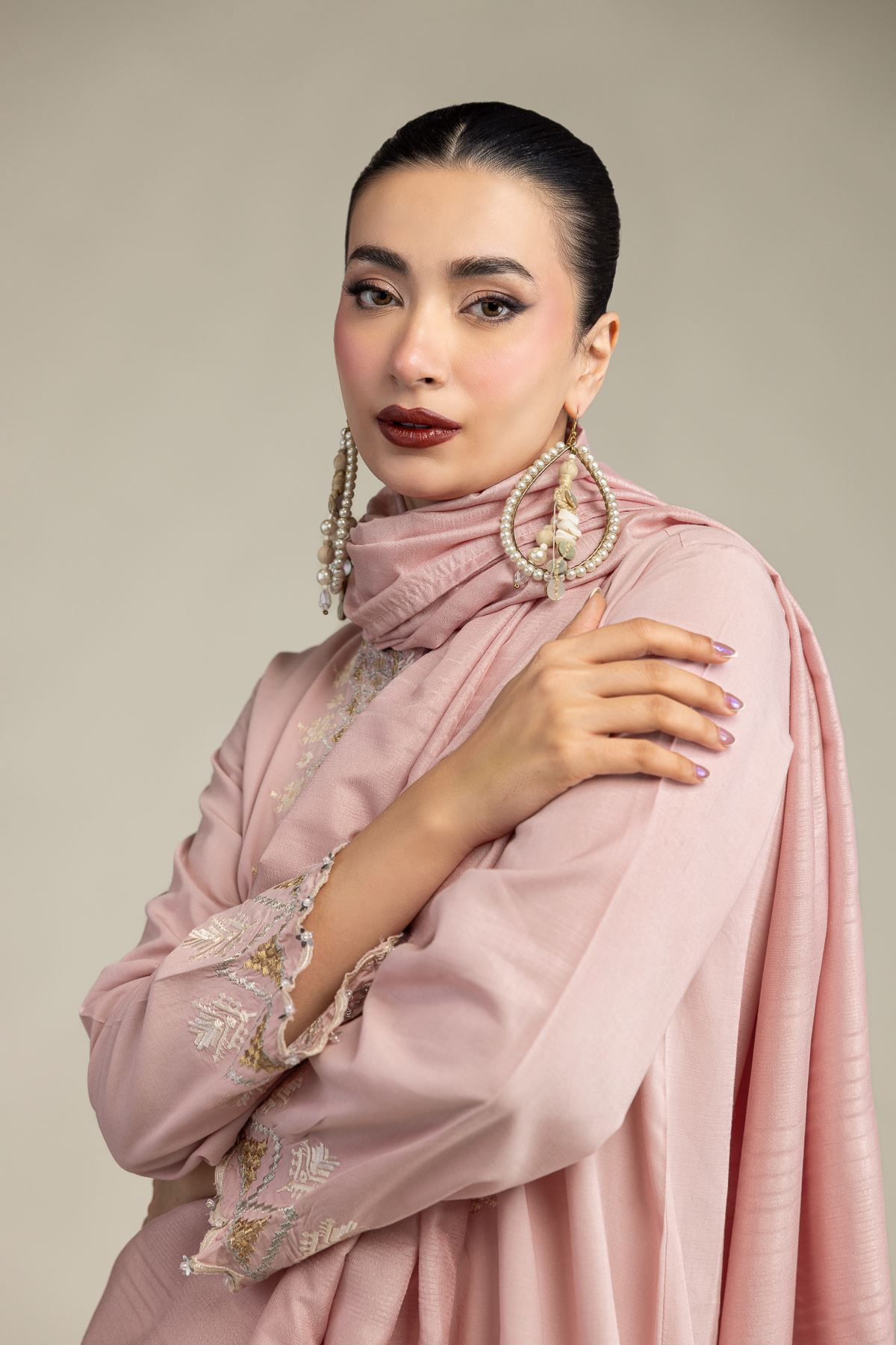 Embroidered Polyester Silk Light Pink Dupatta - 2-26-207-A-B1-VG