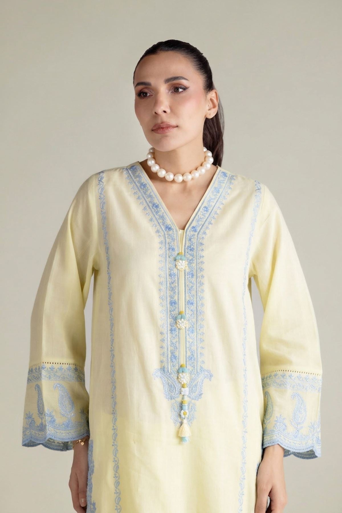 Embroidered Textured Cotton Tailored 2 Piece | Top and Bottom - T-A11-26-118FI2-VG