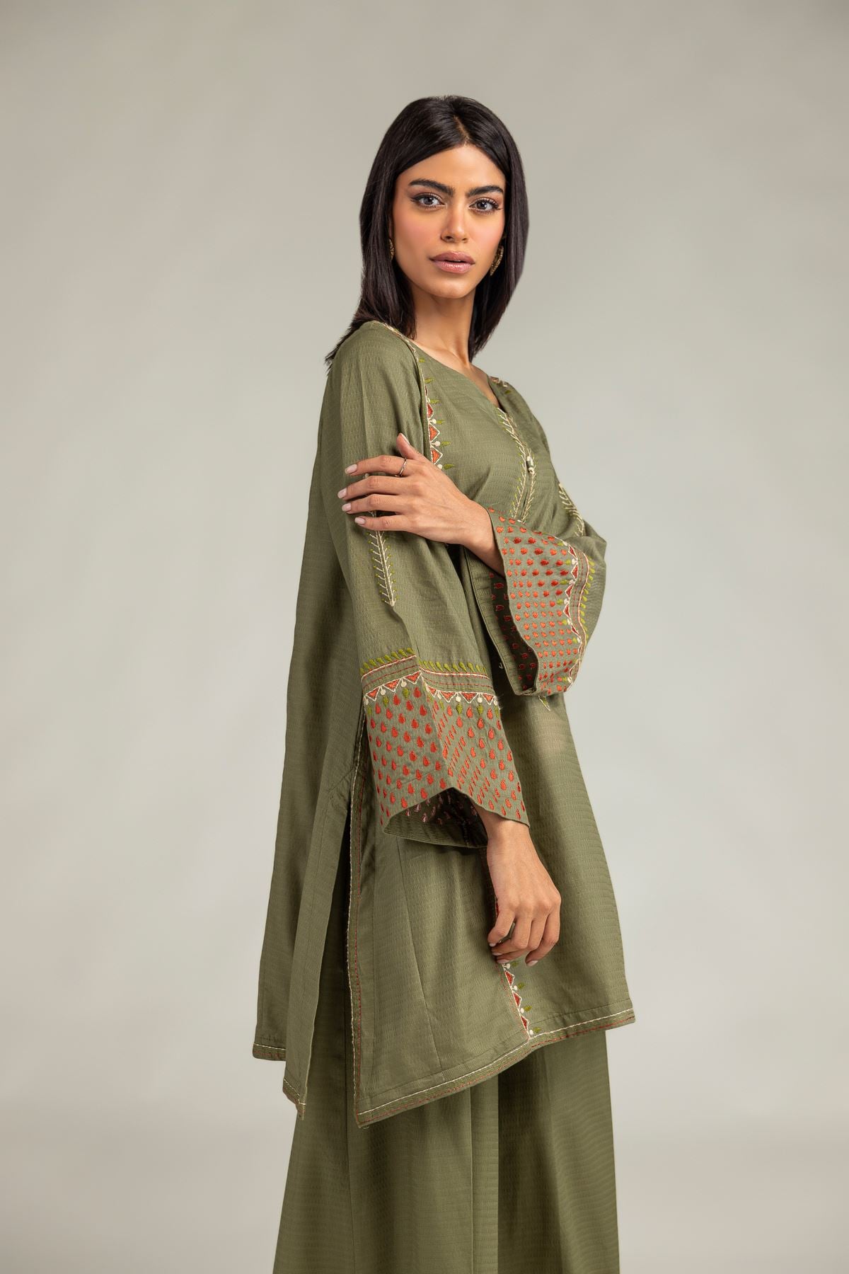 Embroidered Cotton Dobby Olive V-Neck Kurta - T-A33-26-207FD1-VG